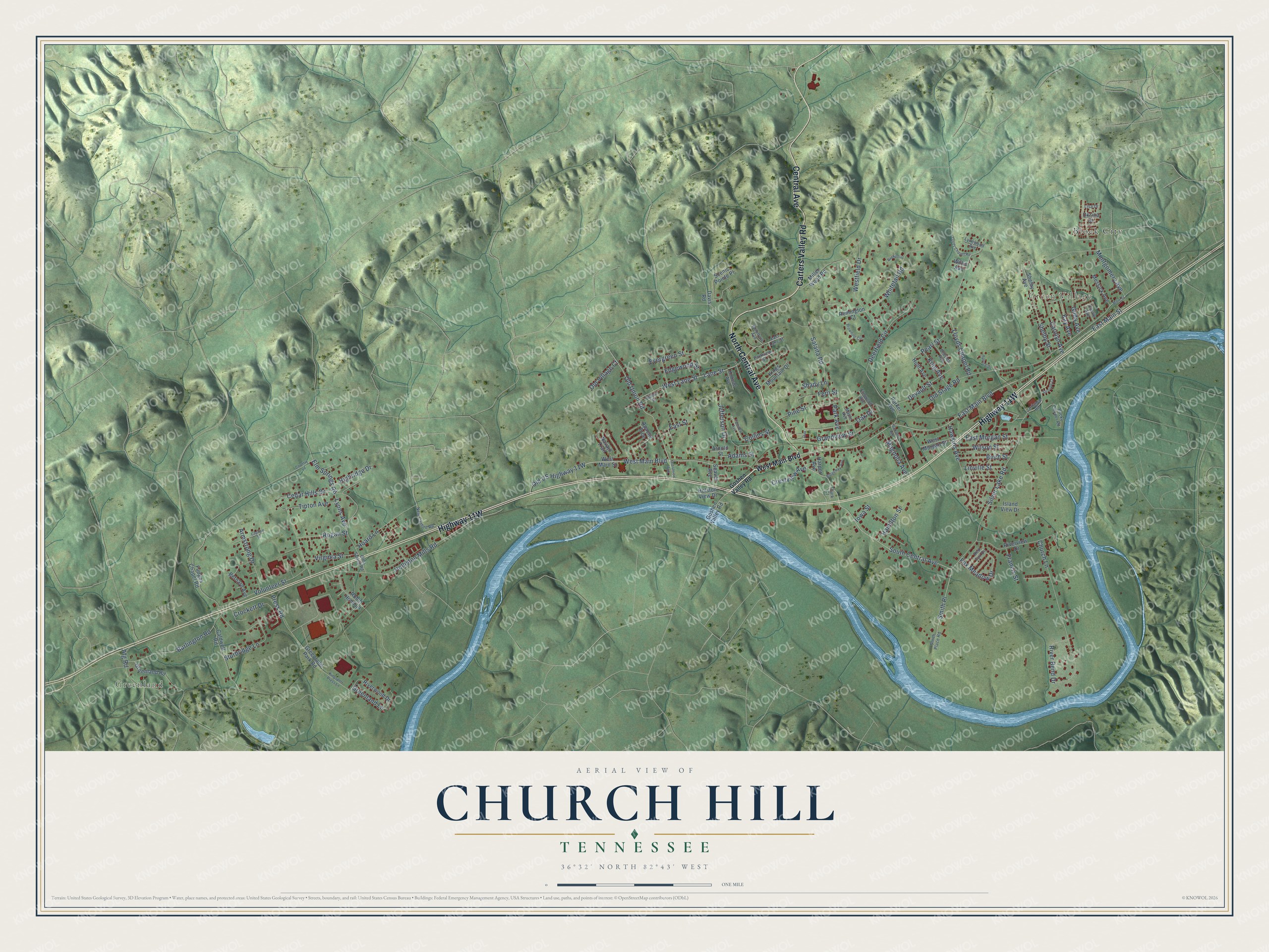 Full map of Church Hill, Tennessee, with red buildings, printed street names and the land around them
