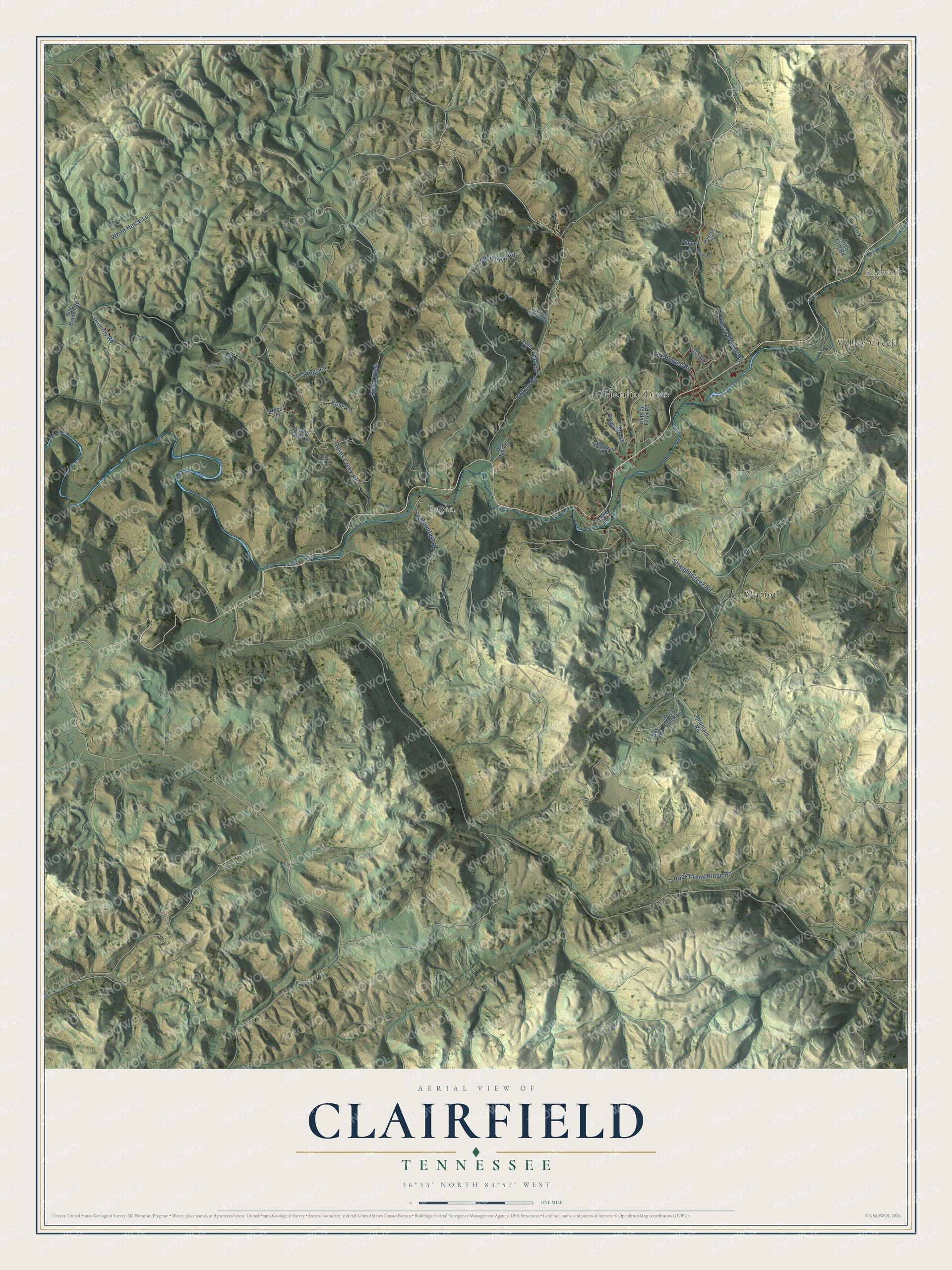 Full map of Clairfield, Tennessee, with red buildings, printed street names and the land around them
