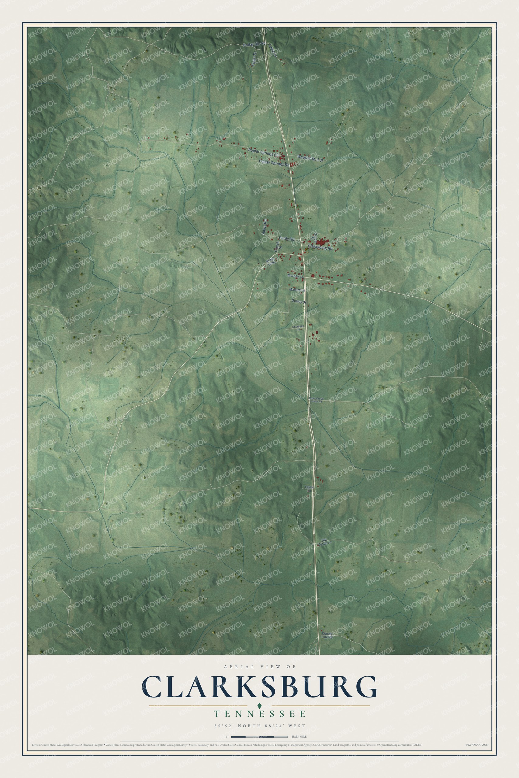 Full map of Clarksburg, Tennessee, with red buildings, printed street names and the land around them
