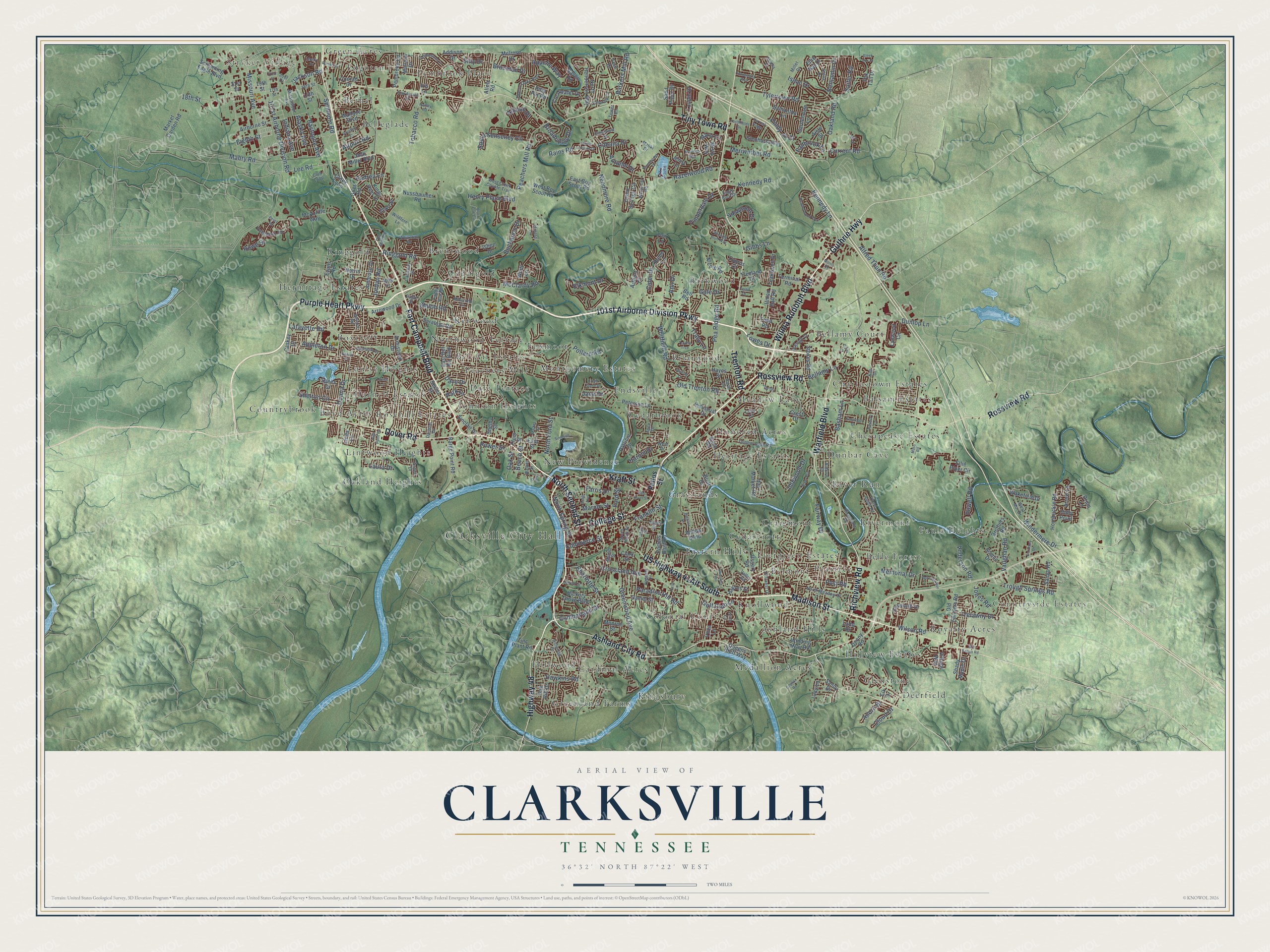 Full map of Clarksville, Tennessee, with red buildings, printed street names and the land around them