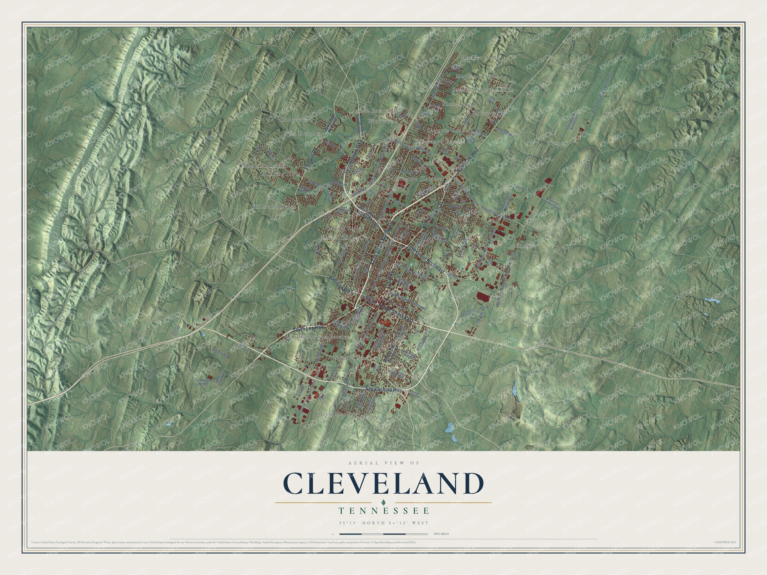 Full map of Cleveland, Tennessee, with red buildings, printed street names and the land around them