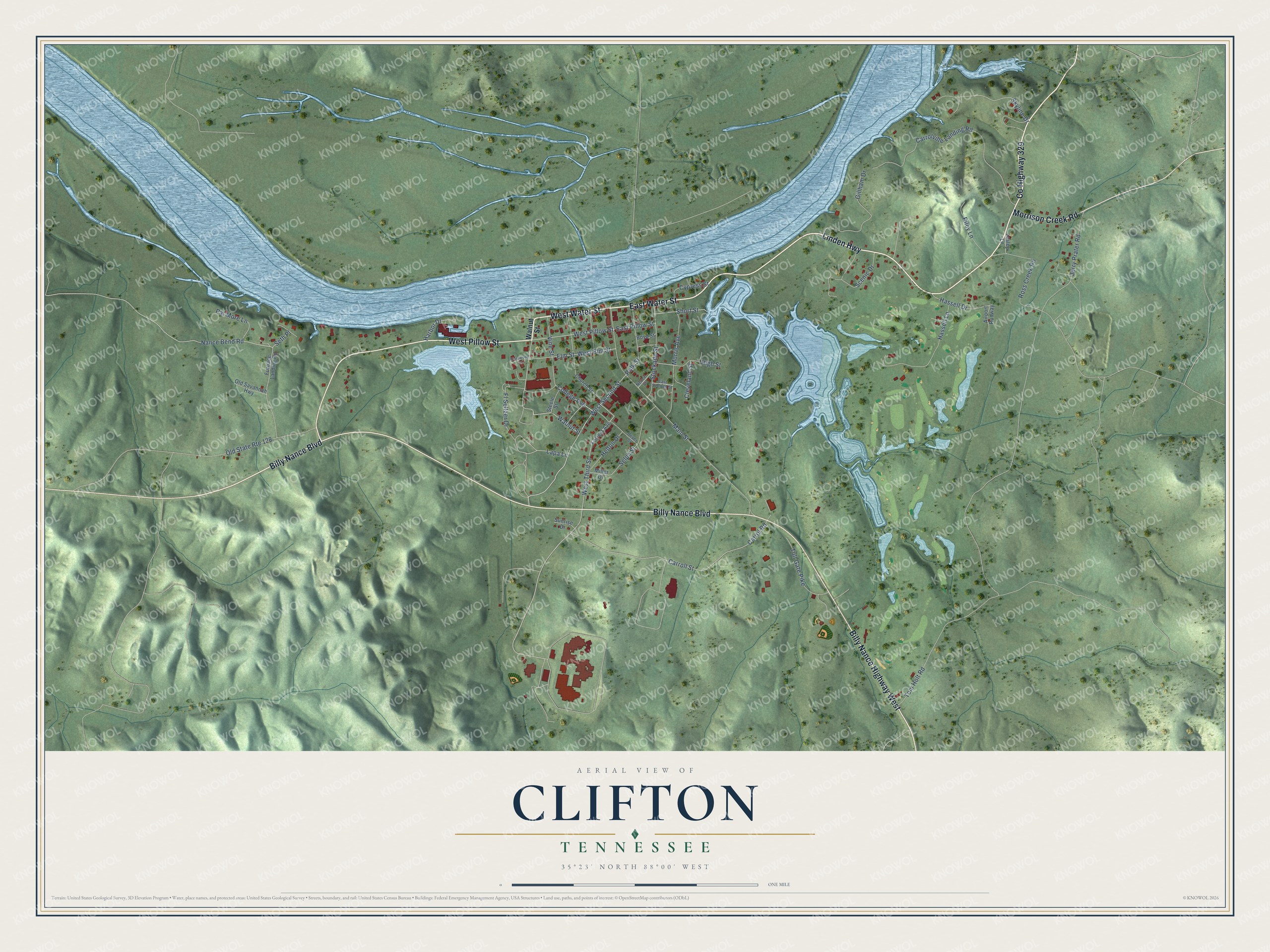 Full map of Clifton, Tennessee, with red buildings, printed street names and the land around them