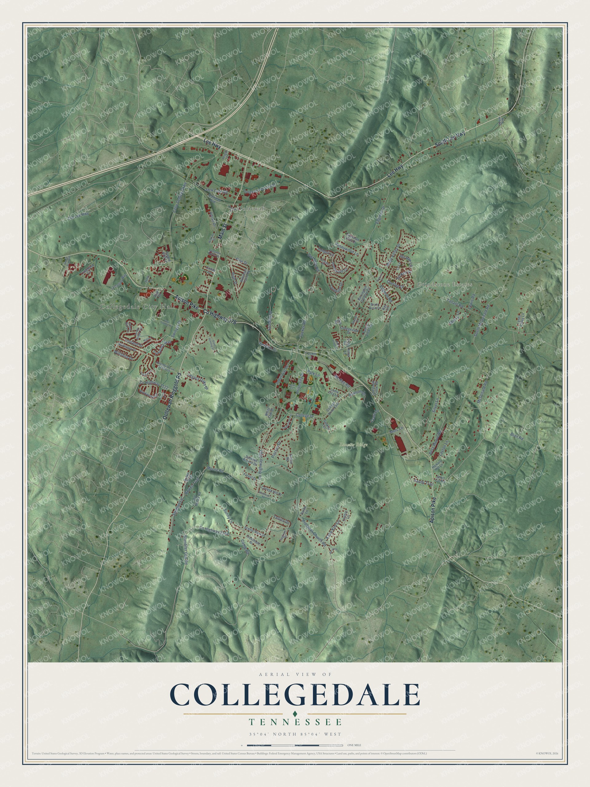 Full map of Collegedale, Tennessee, with red buildings, printed street names and the land around them