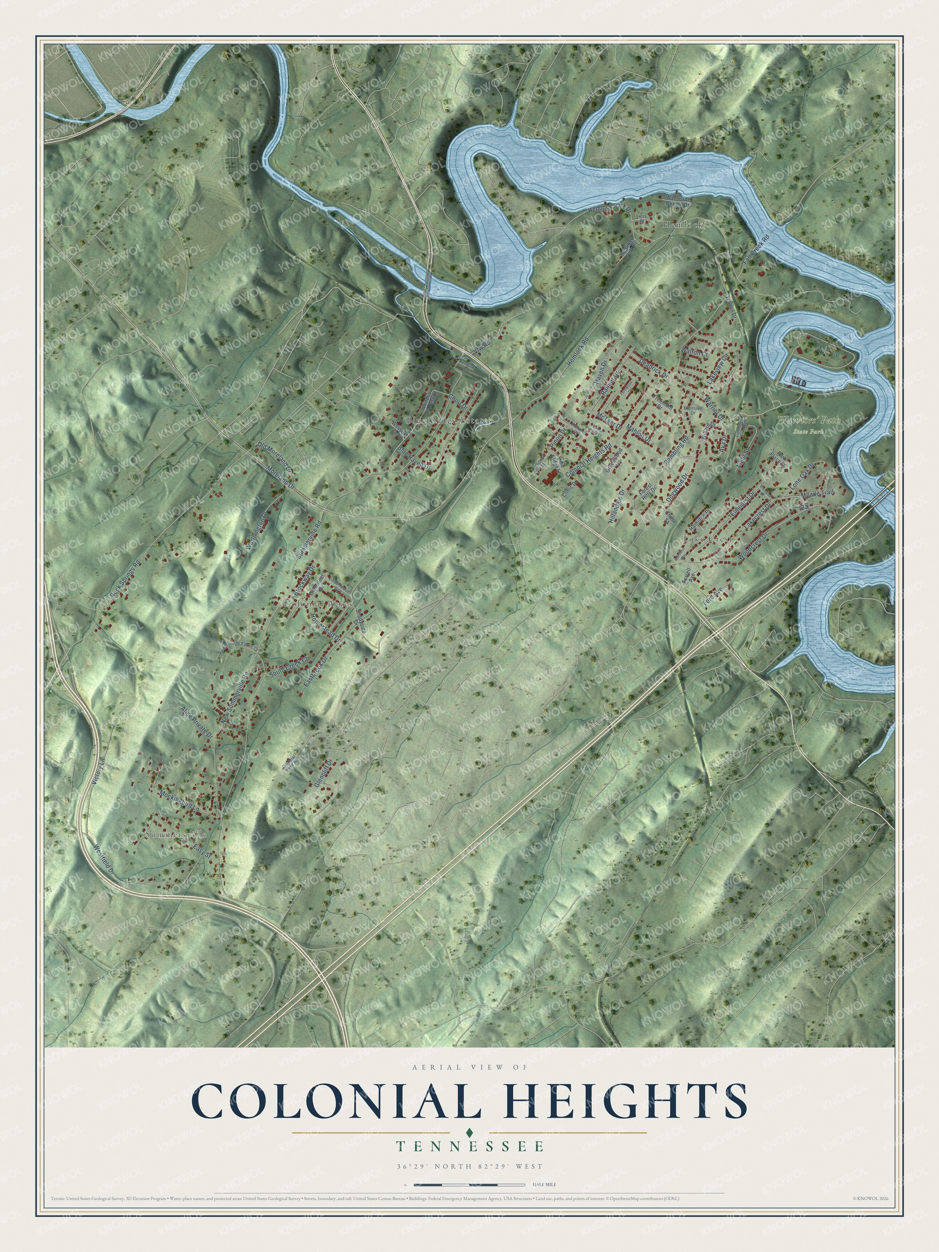 Full map of Colonial Heights, Tennessee, with red buildings, printed street names and the land around them
