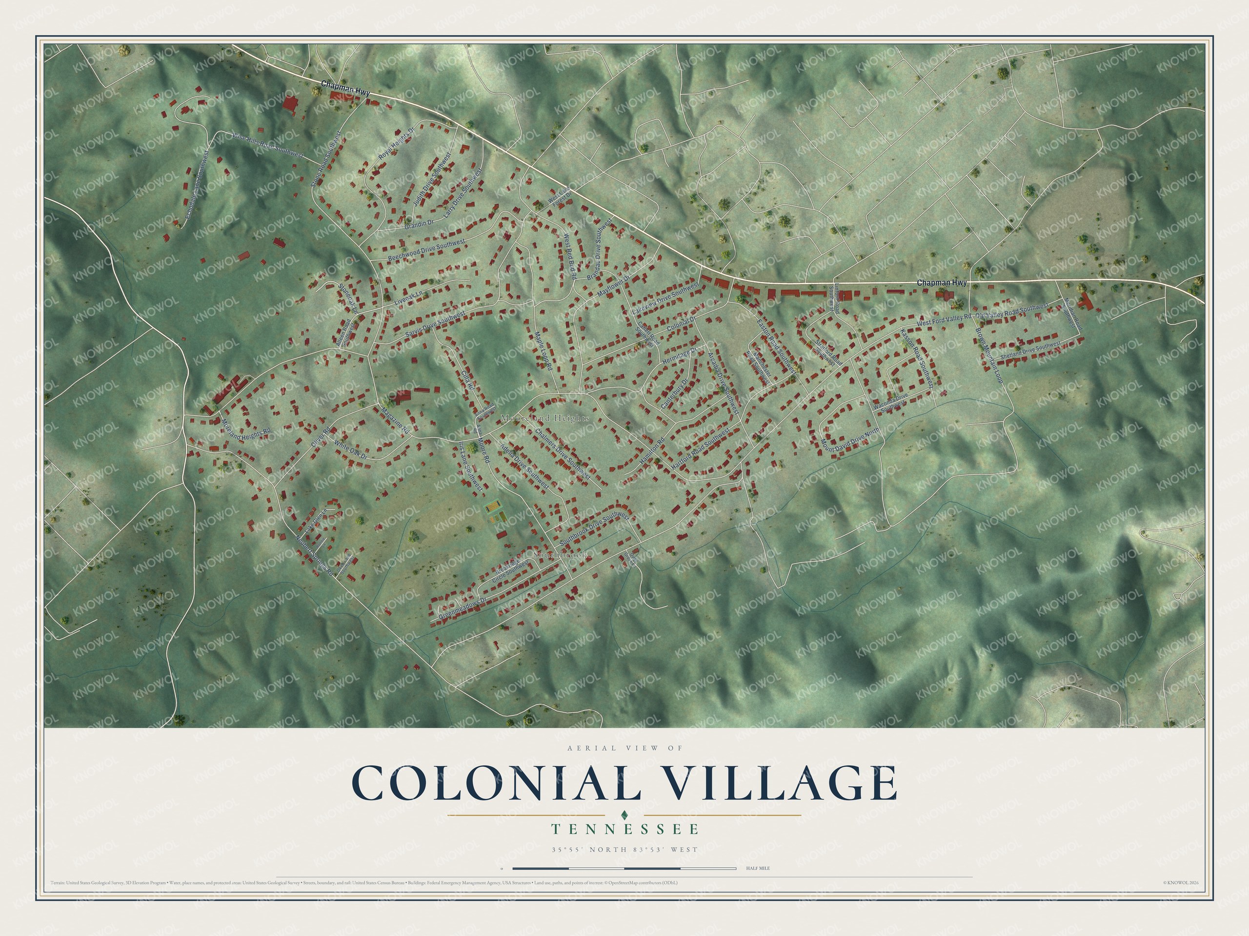Full map of Colonial Village, Tennessee, with red buildings, printed street names and the land around them
