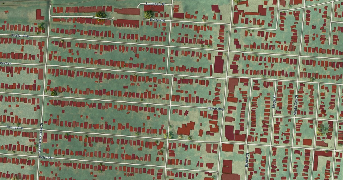 Close-up of streets and buildings in Cooper-Young, Tennessee