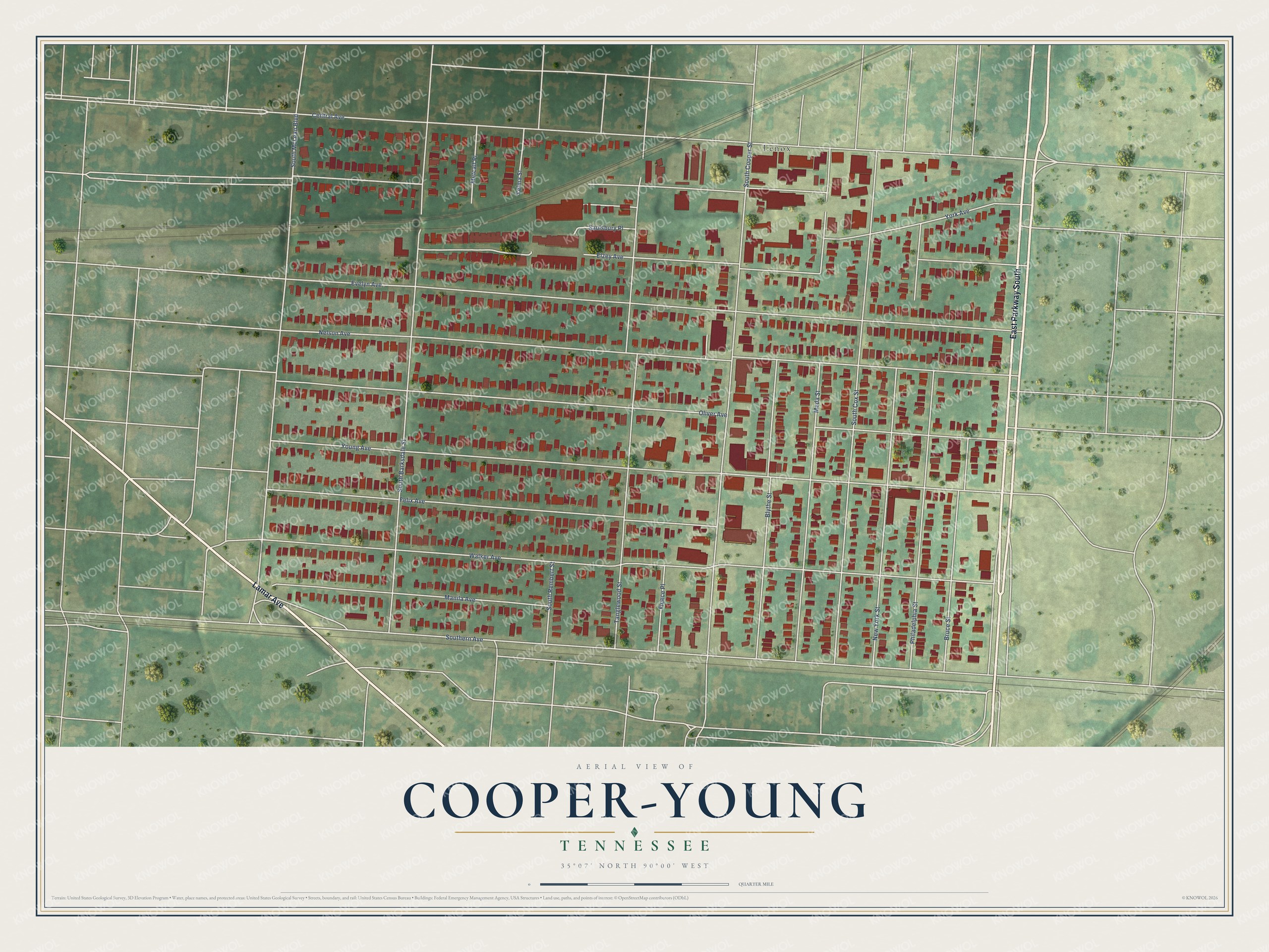 Full map of Cooper-Young, Tennessee, with red buildings, printed street names and the land around them