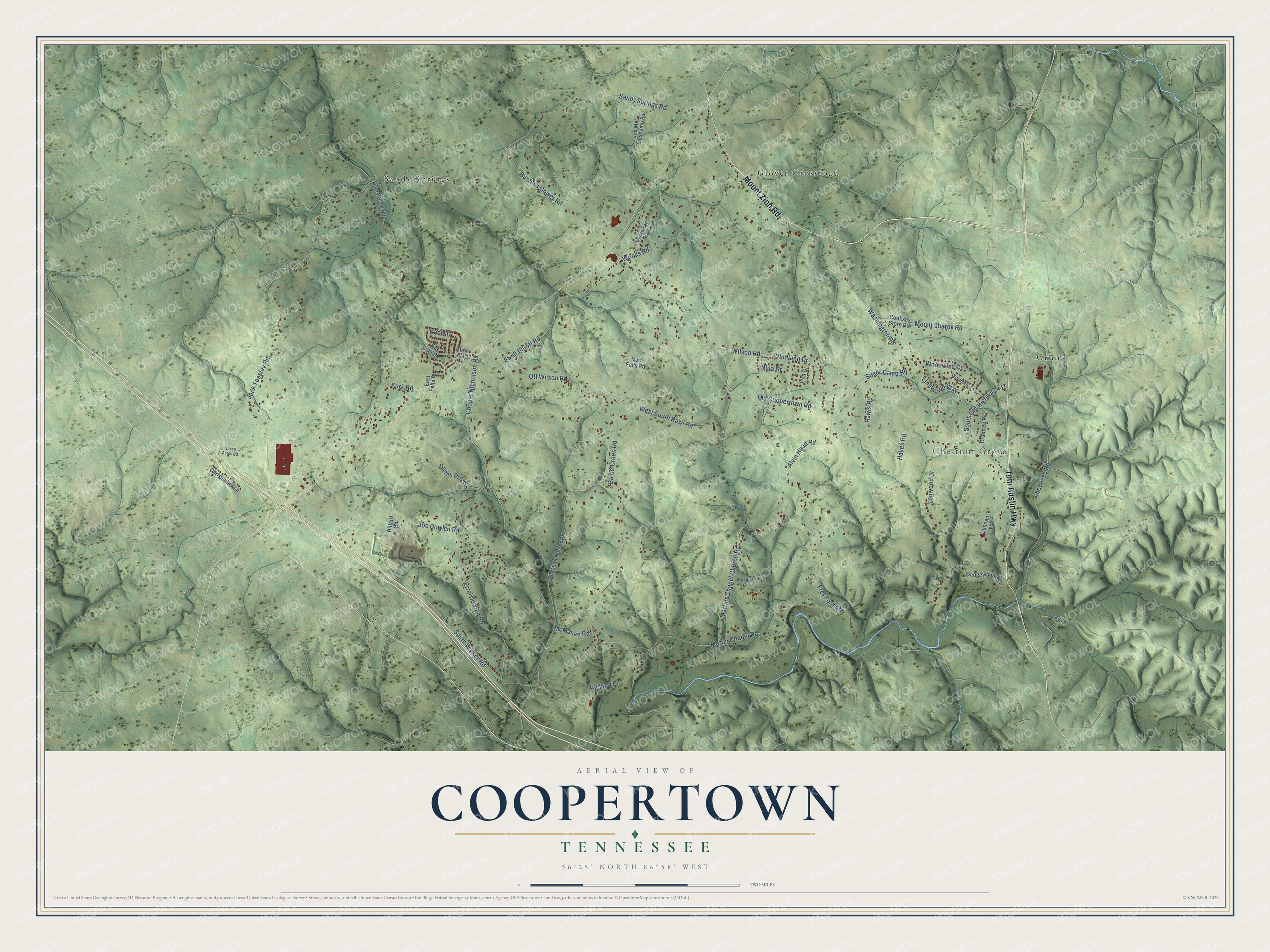 Full map of Coopertown, Tennessee, with red buildings, printed street names and the land around them