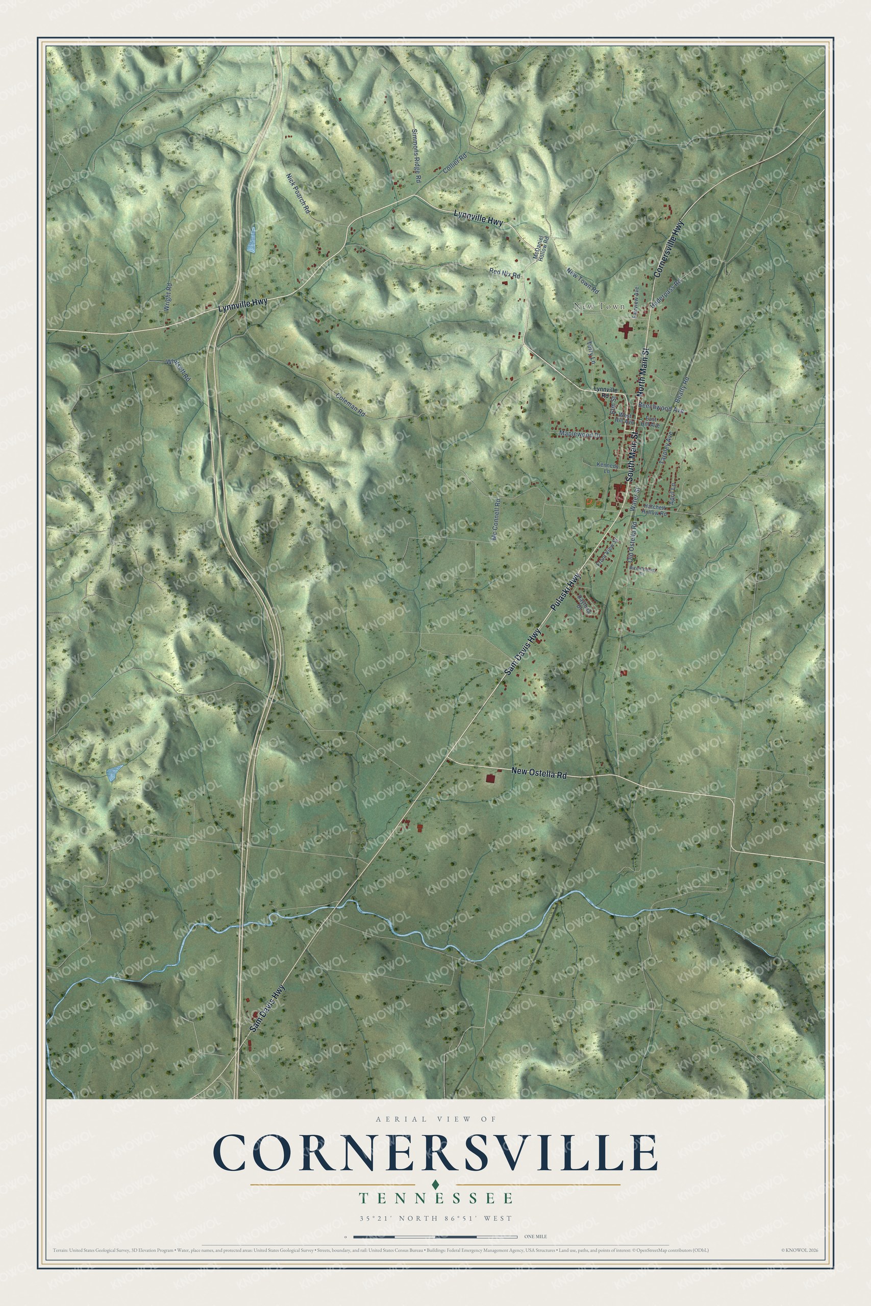 Full map of Cornersville, Tennessee, with red buildings, printed street names and the land around them