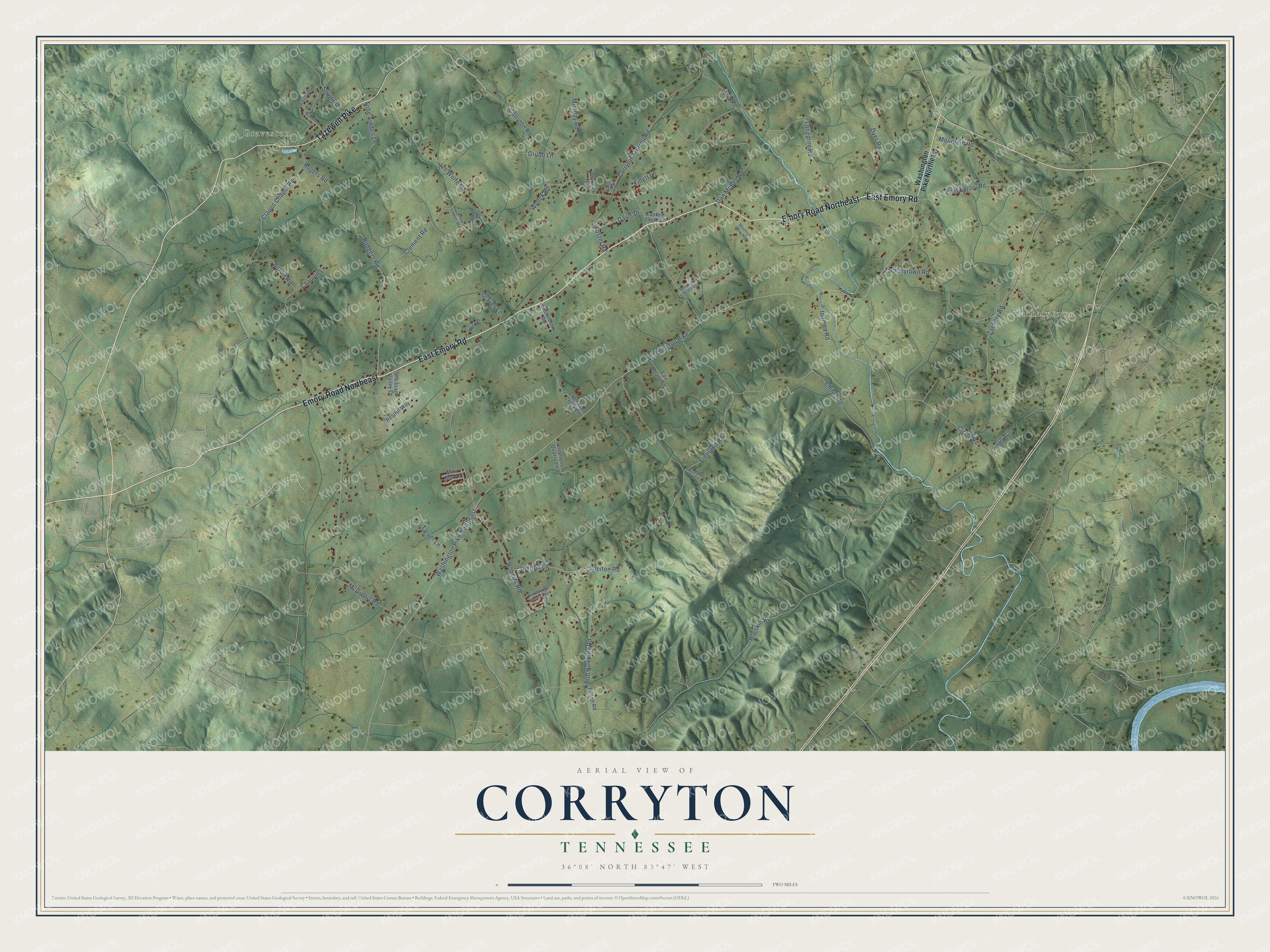 Full map of Corryton, Tennessee, with red buildings, printed street names and the land around them