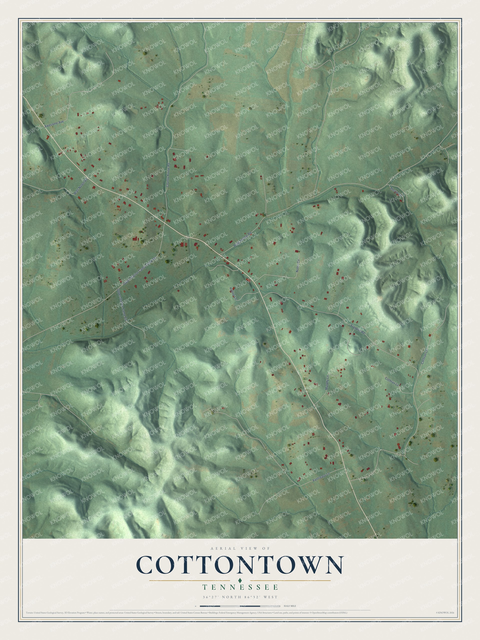 Full map of Cottontown, Tennessee, with red buildings, printed street names and the land around them