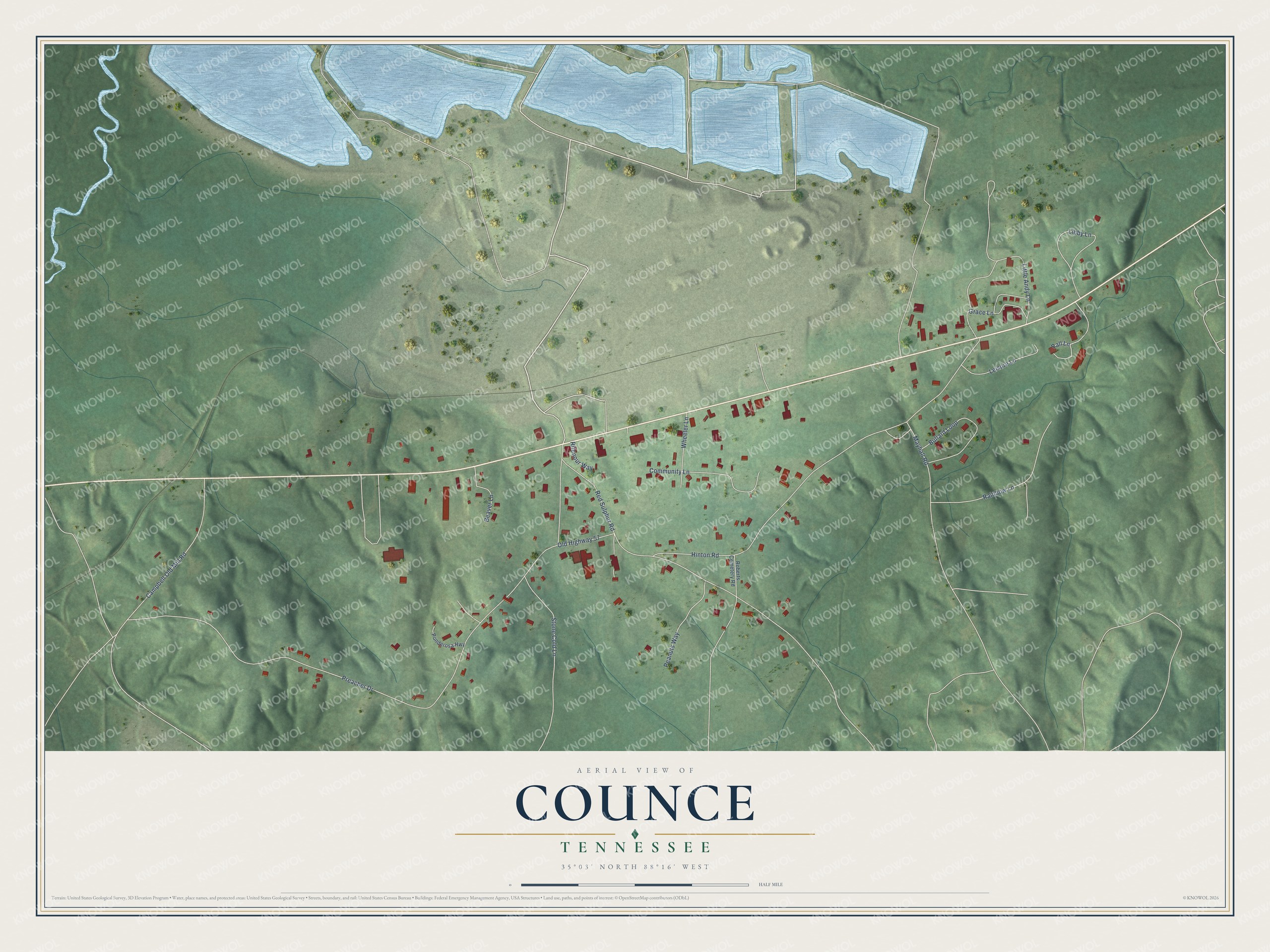 Full map of Counce, Tennessee, with red buildings, printed street names and the land around them
