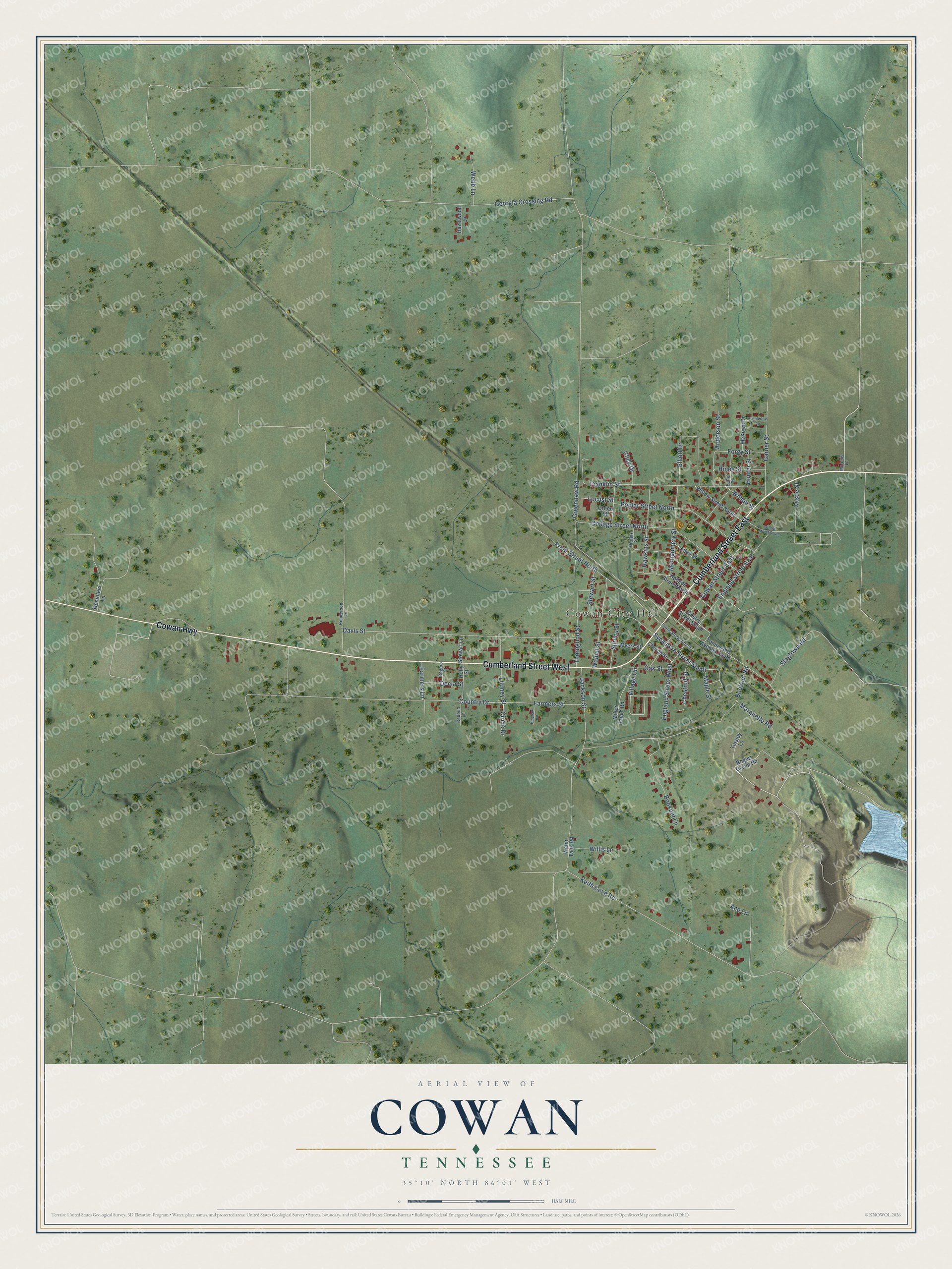 Full map of Cowan, Tennessee, with red buildings, printed street names and the land around them