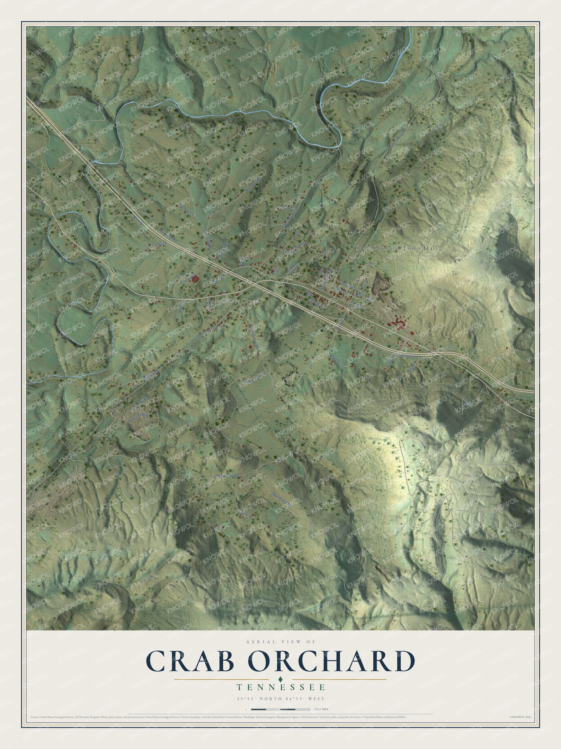 Full map of Crab Orchard, Tennessee, with red buildings, printed street names and the land around them