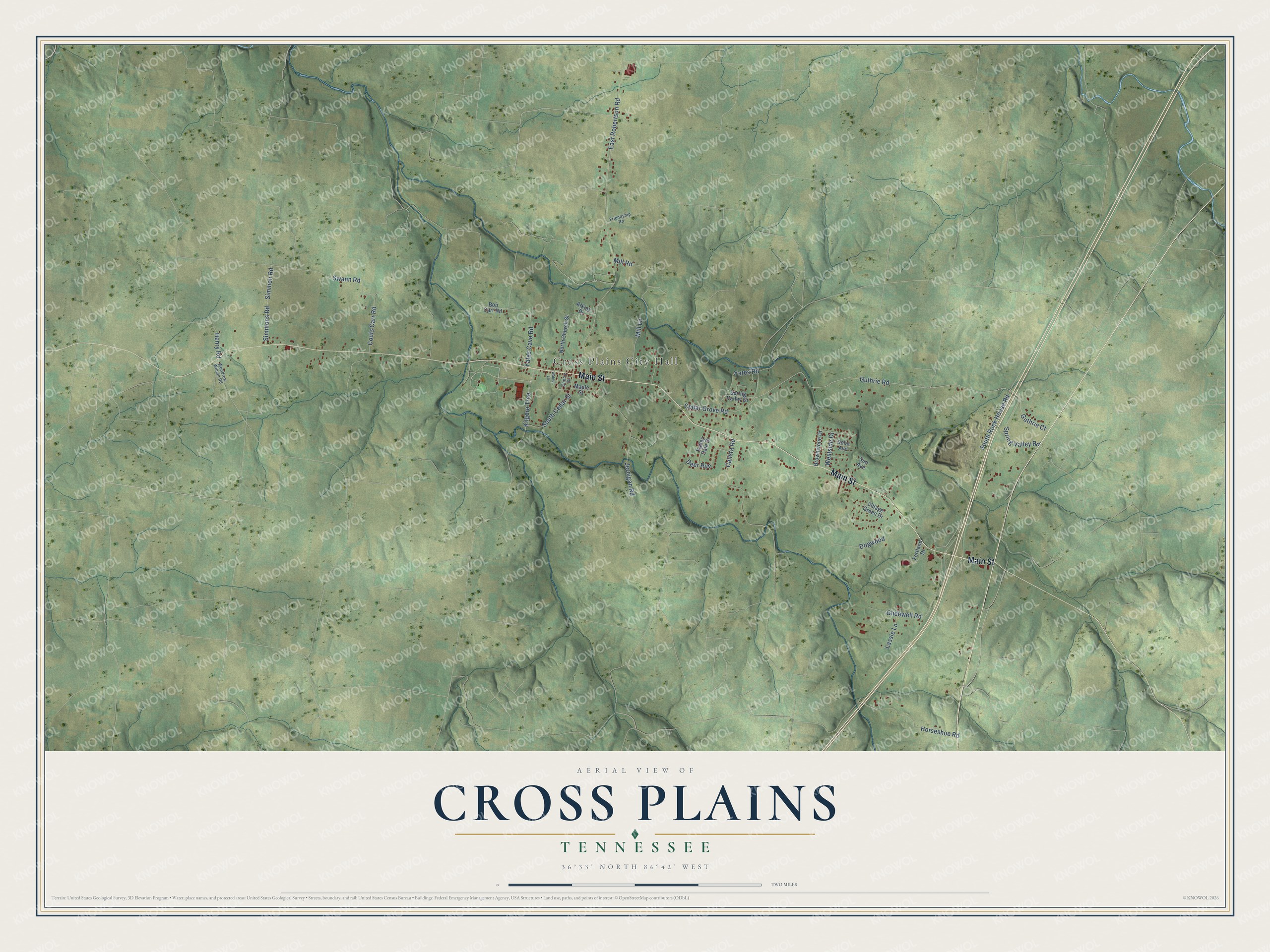 Full map of Cross Plains, Tennessee, with red buildings, printed street names and the land around them