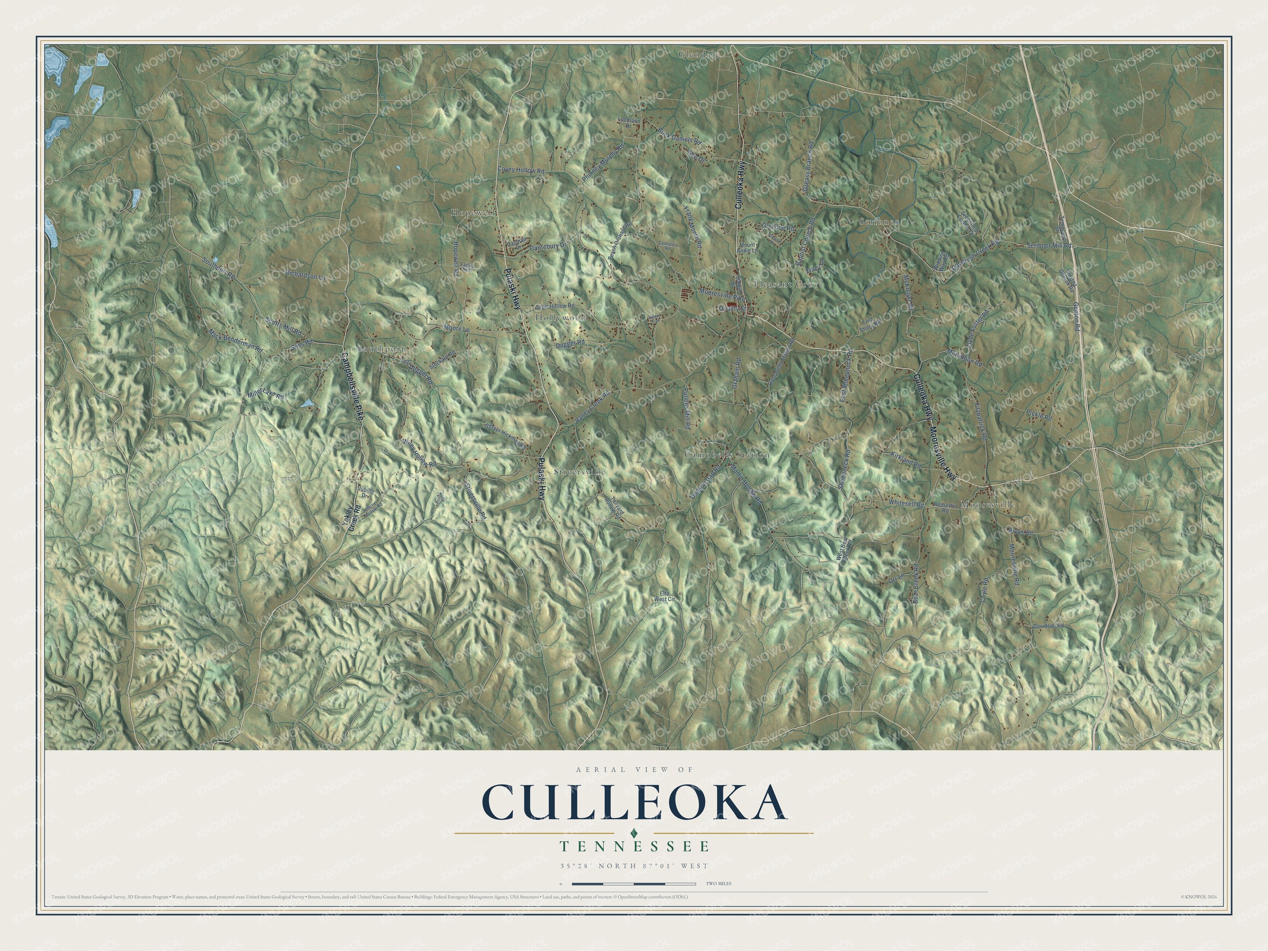 Full map of Culleoka, Tennessee, with red buildings, printed street names and the land around them