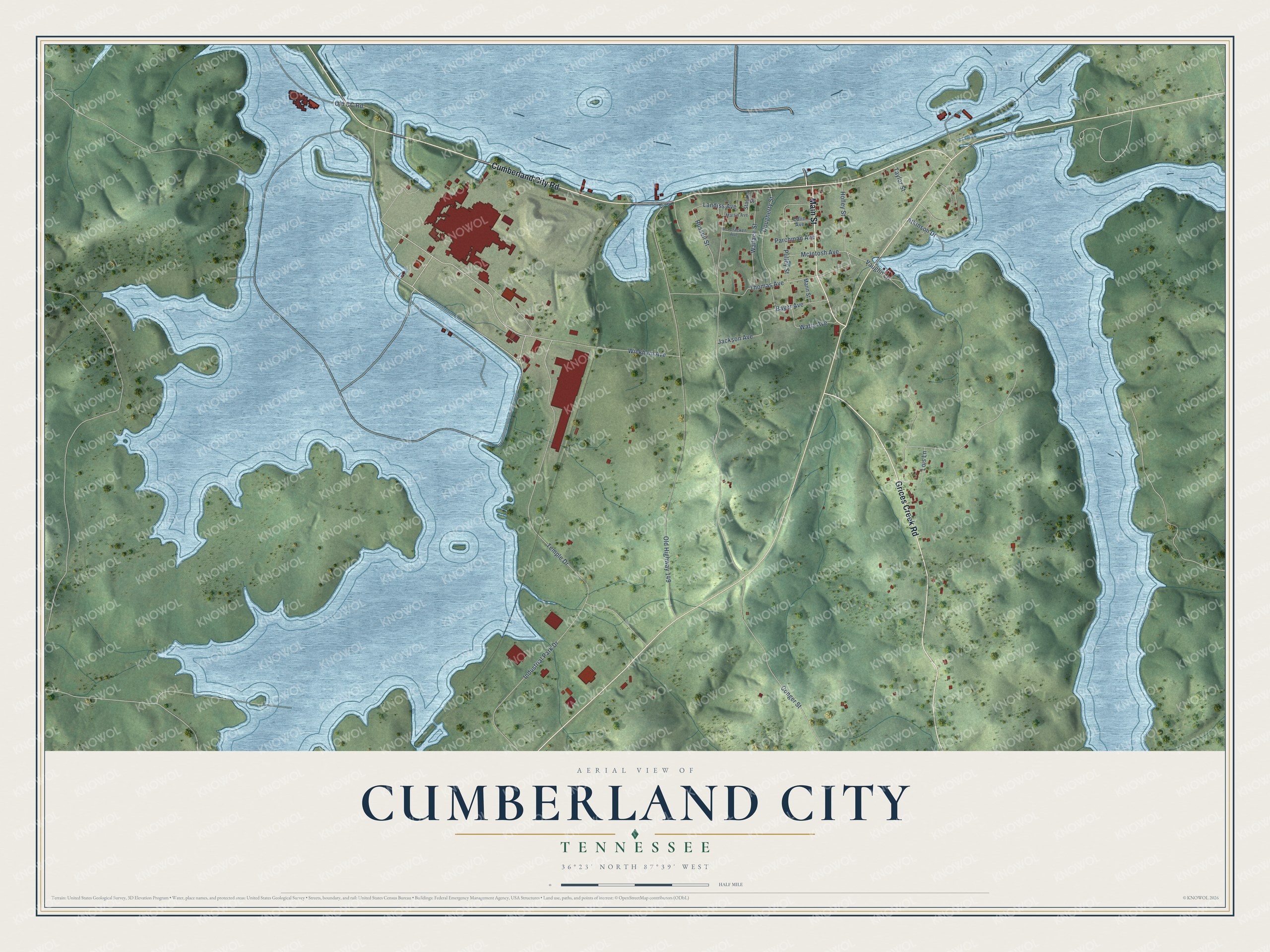 Full map of Cumberland City, Tennessee, with red buildings, printed street names and the land around them