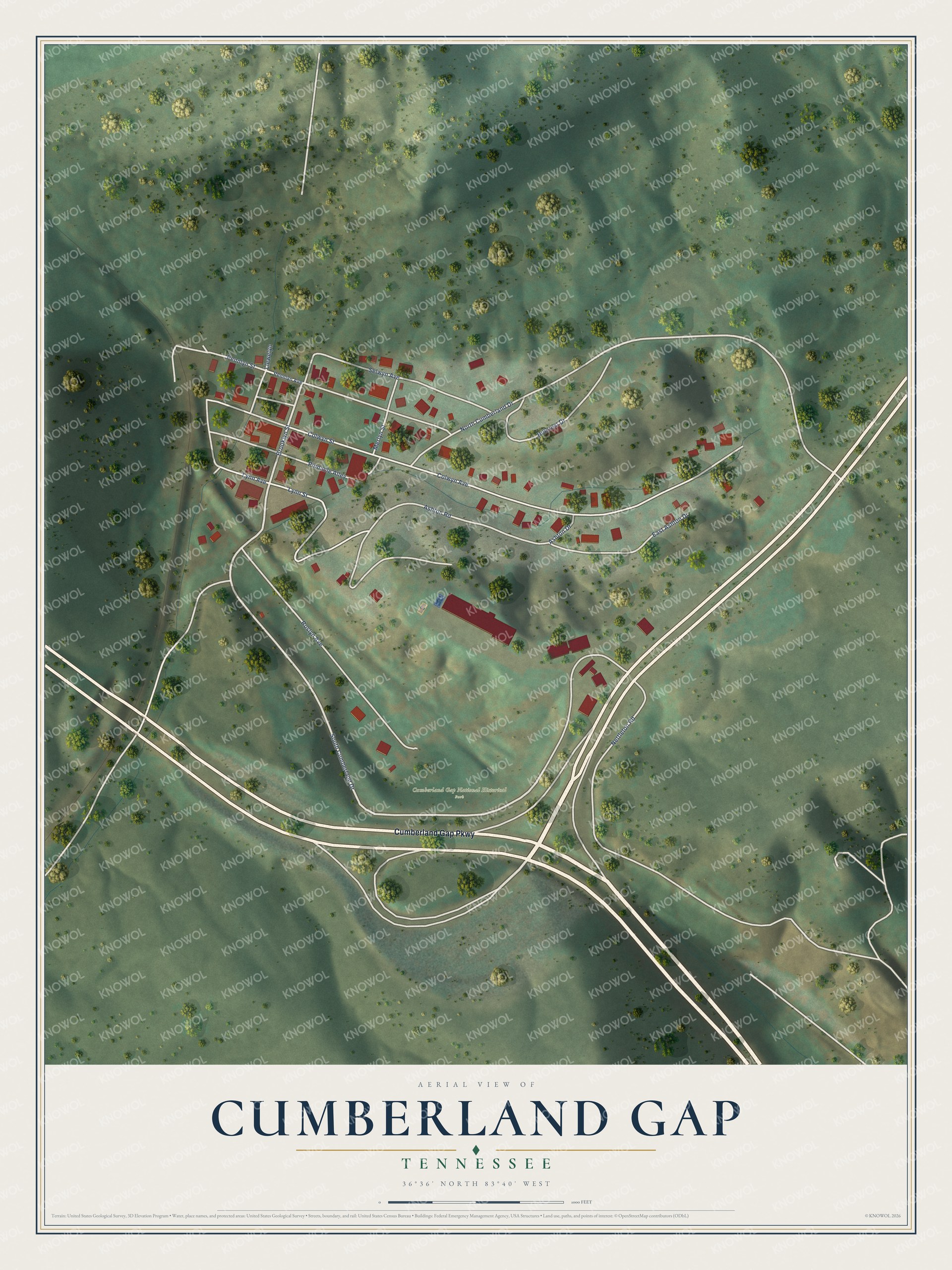 Full map of Cumberland Gap, Tennessee, with red buildings, printed street names and the land around them