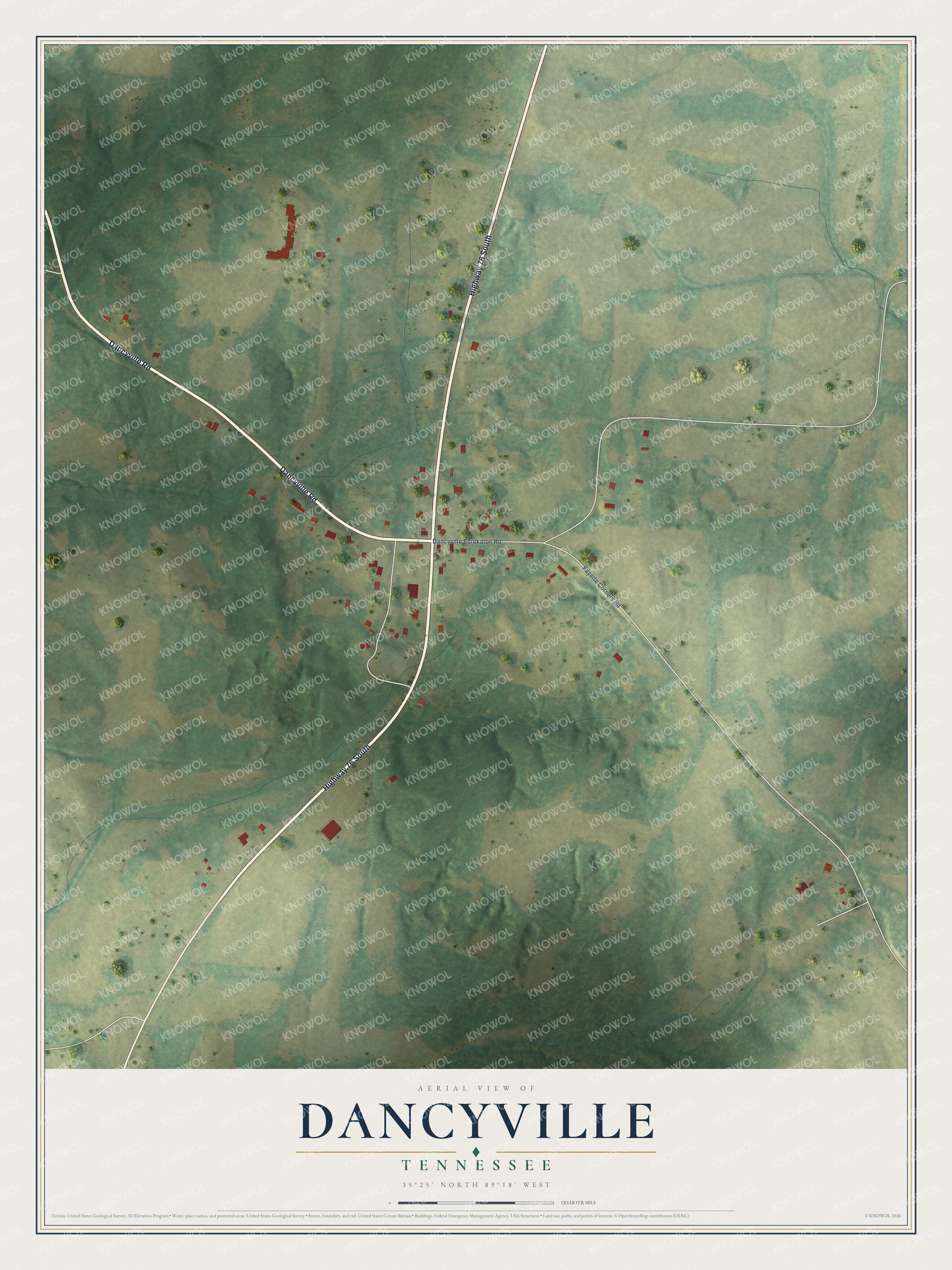 Full map of Dancyville, Tennessee, with red buildings, printed street names and the land around them