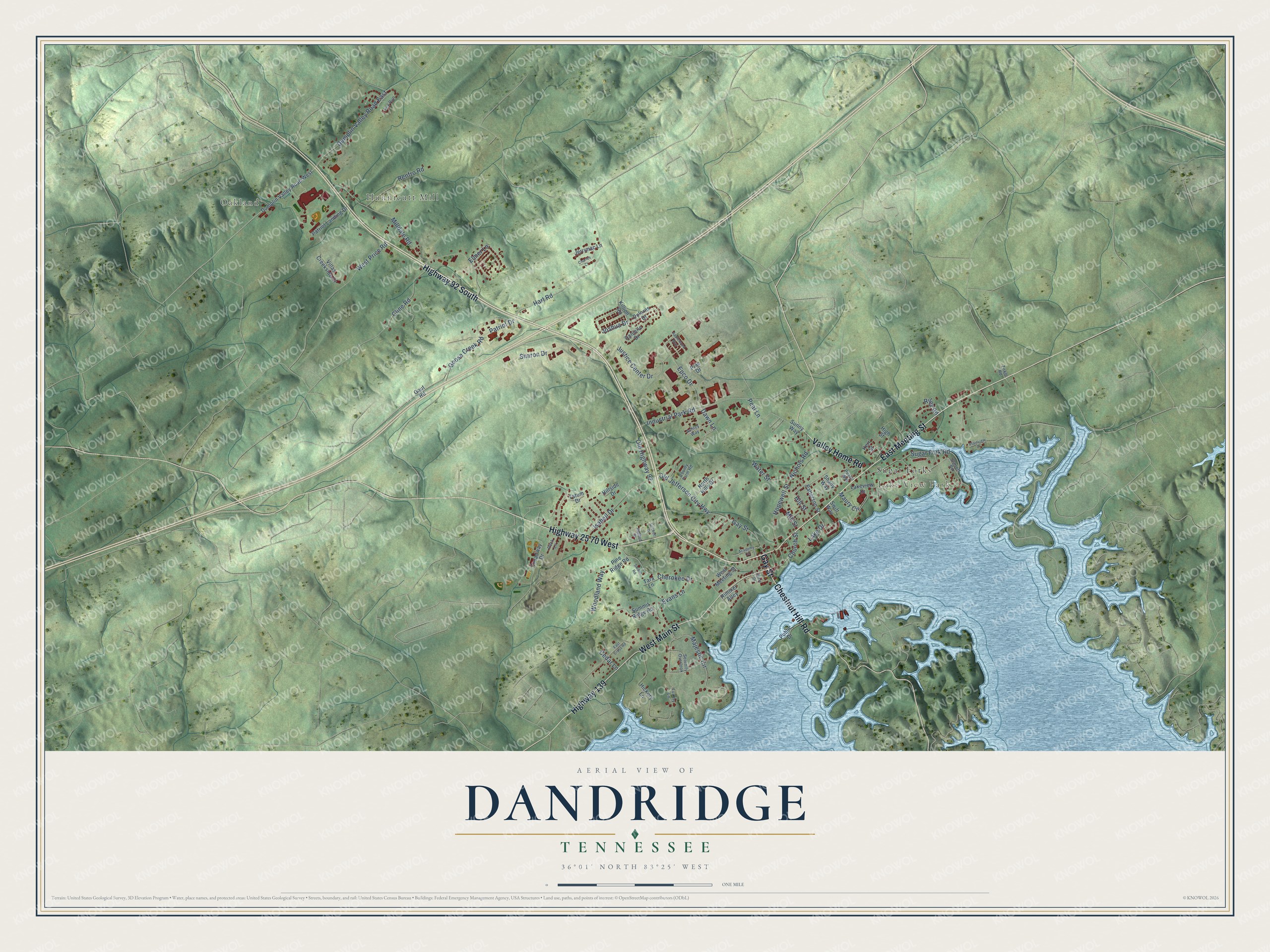 Full map of Dandridge, Tennessee, with red buildings, printed street names and the land around them