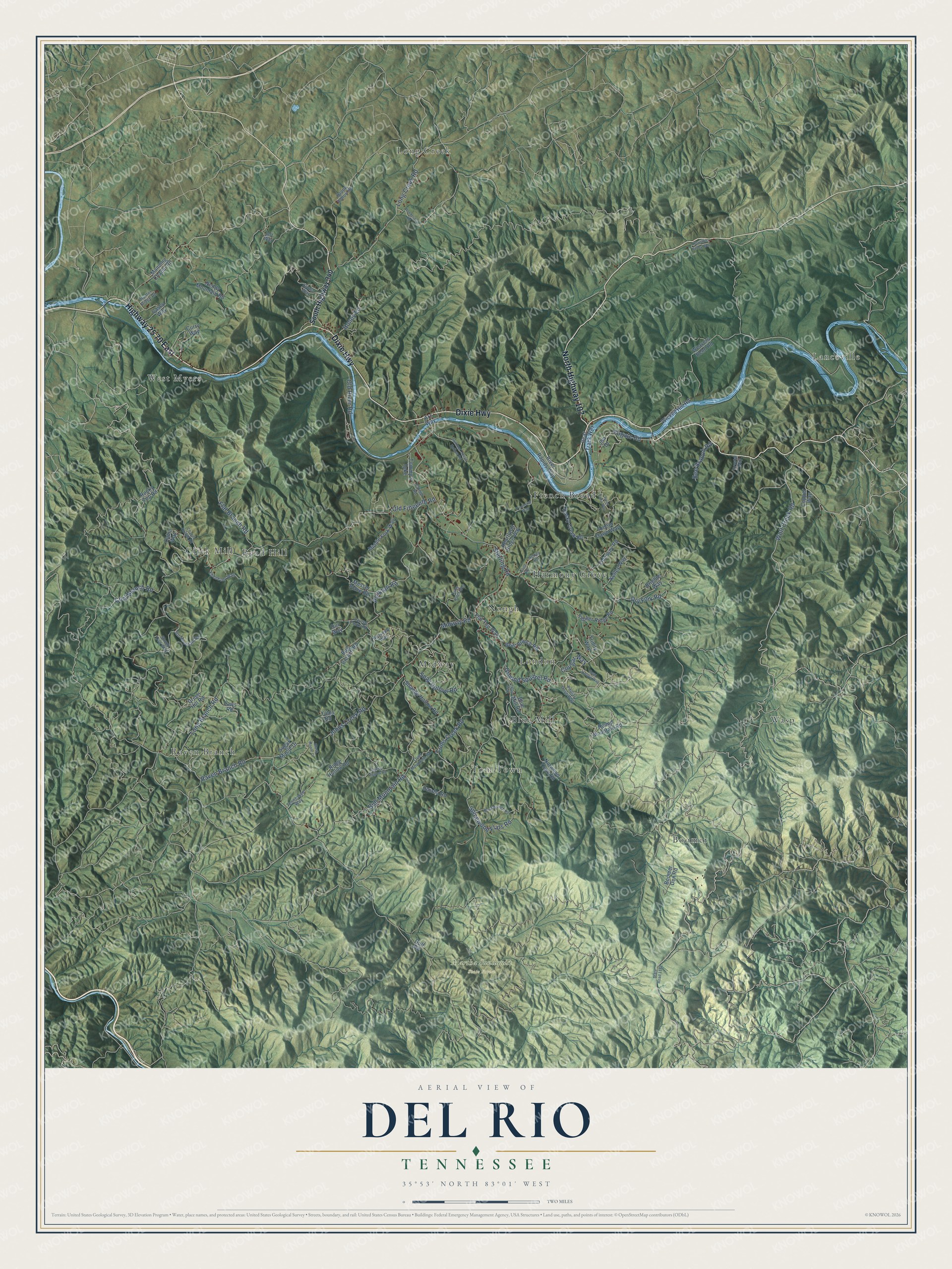 Full map of Del Rio, Tennessee, with red buildings, printed street names and the land around them