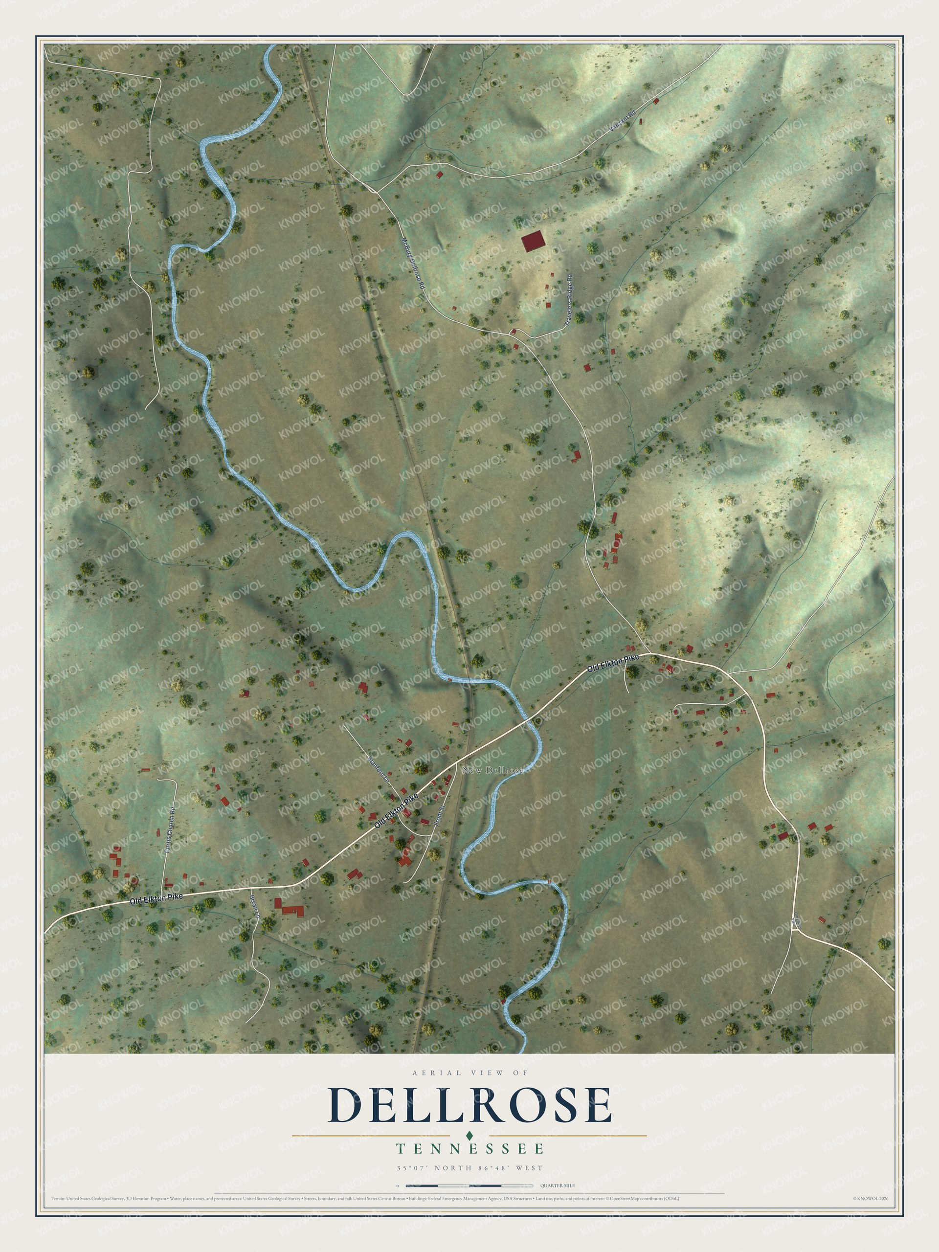 Full map of Dellrose, Tennessee, with red buildings, printed street names and the land around them