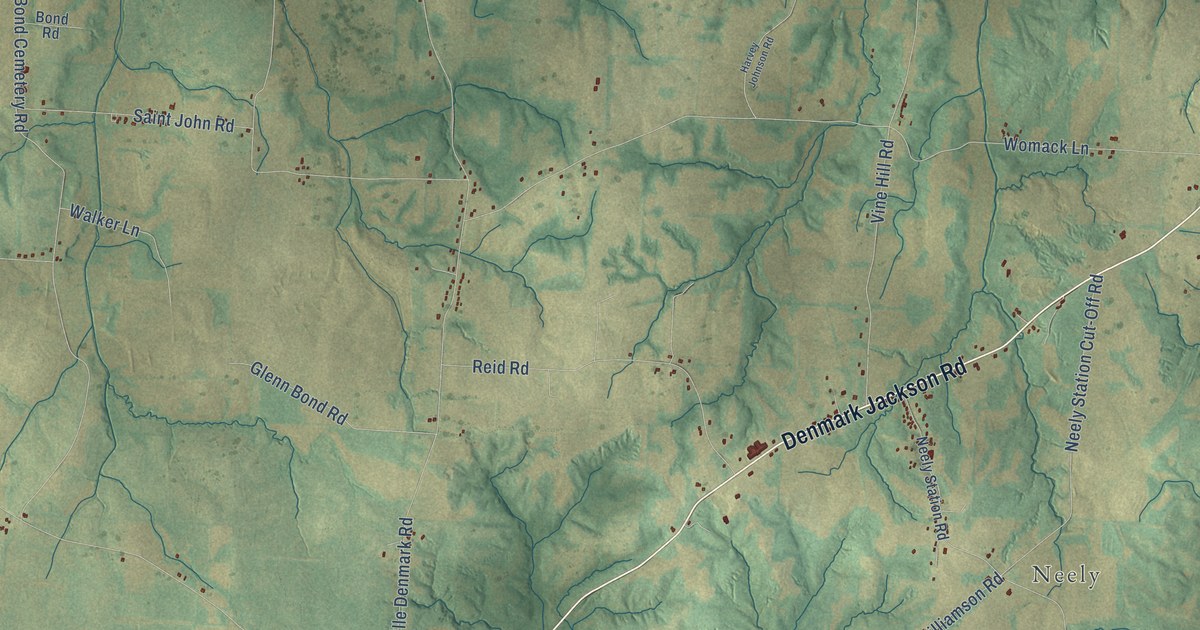 Close-up of streets and buildings in Denmark, Tennessee