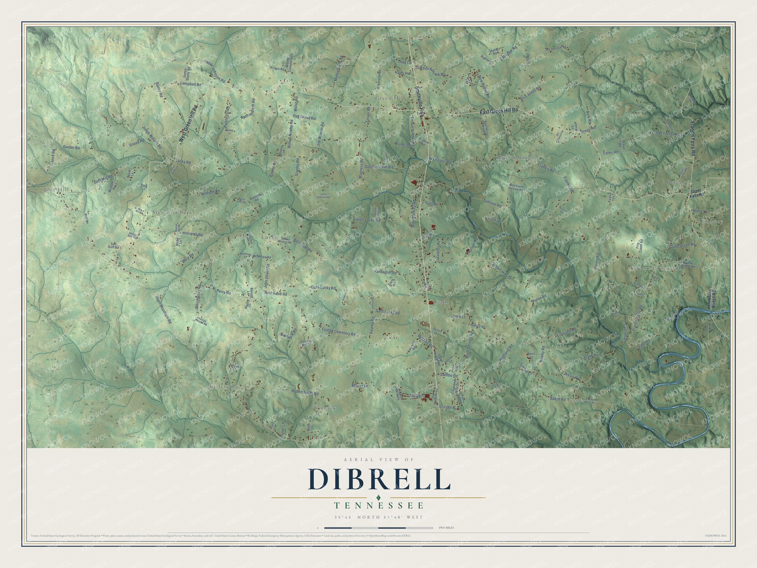 Full map of Dibrell, Tennessee, with red buildings, printed street names and the land around them
