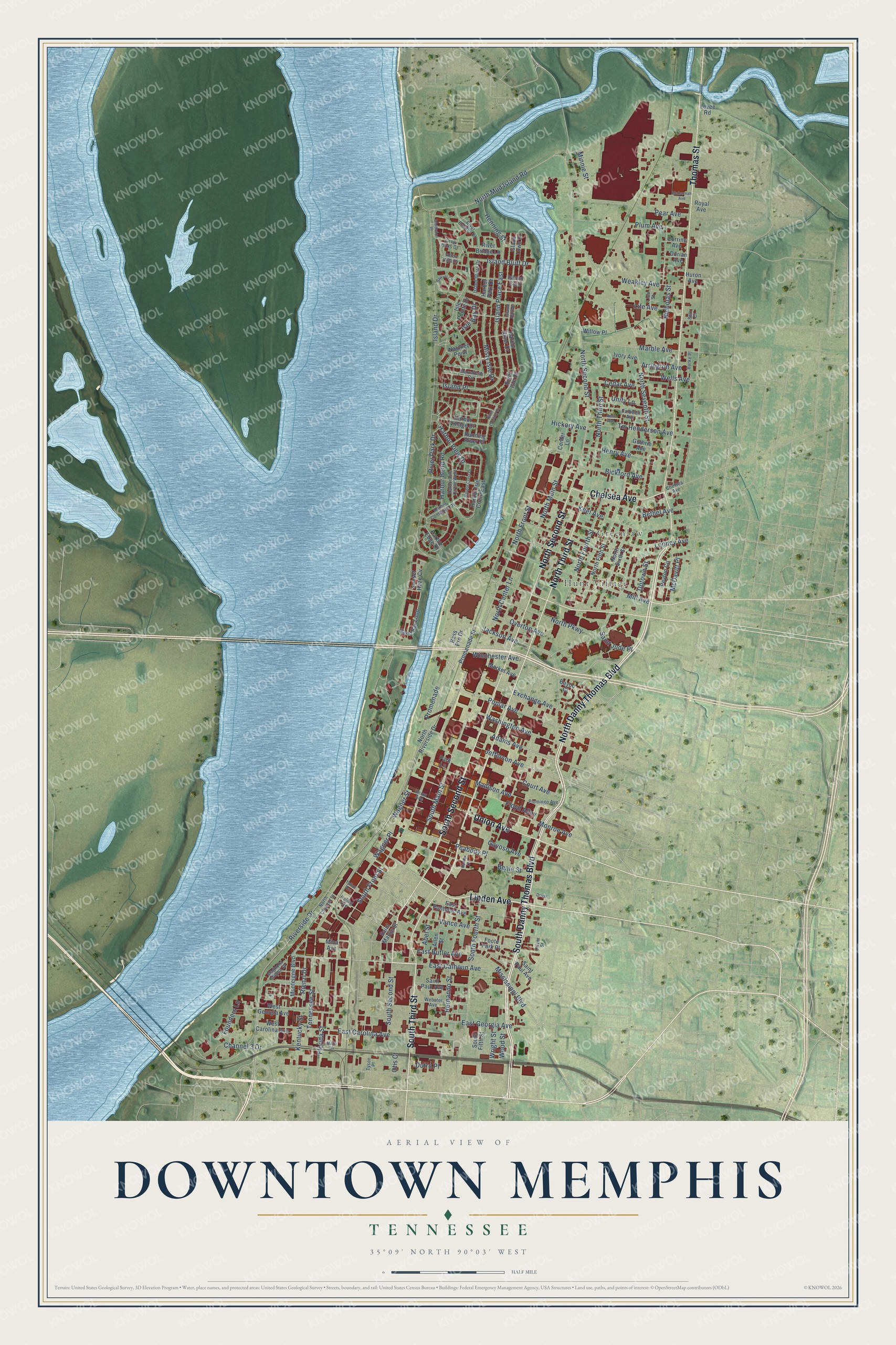 Watermarked full-map preview of Downtown Memphis, Tennessee