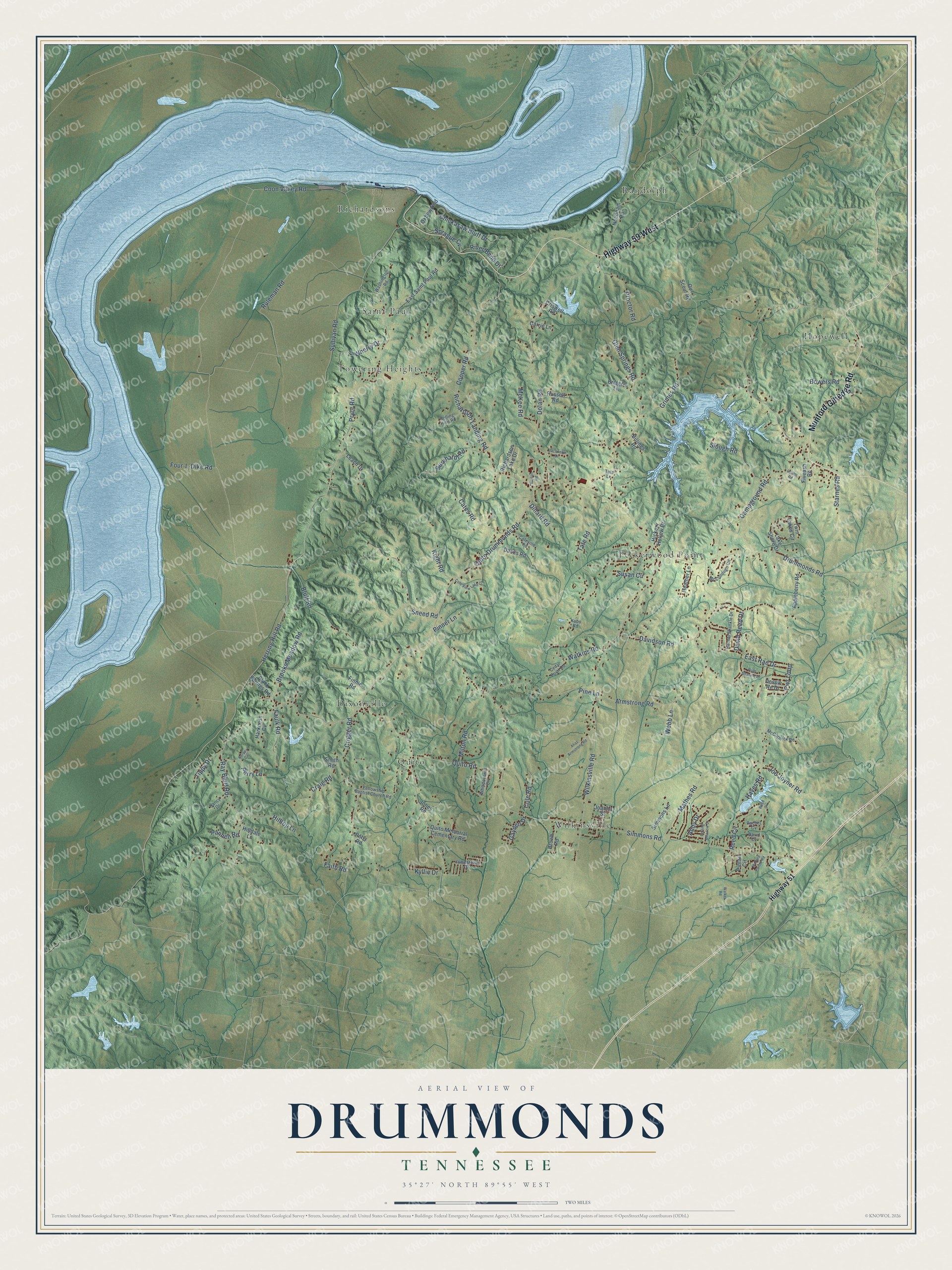 Full map of Drummonds, Tennessee, with red buildings, printed street names and the land around them