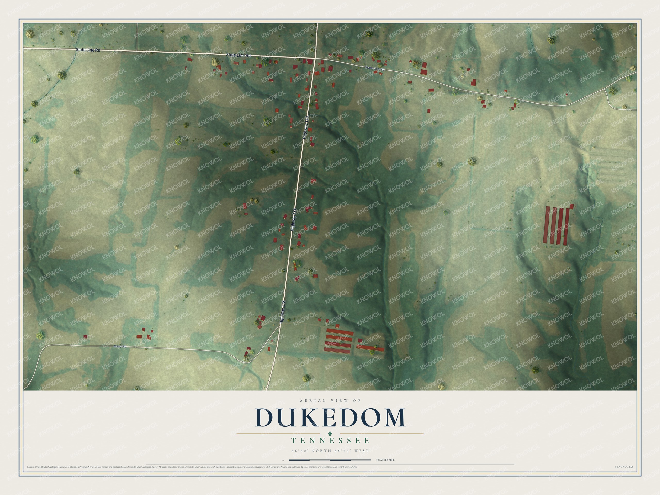 Full map of Dukedom, Tennessee, with red buildings, printed street names and the land around them