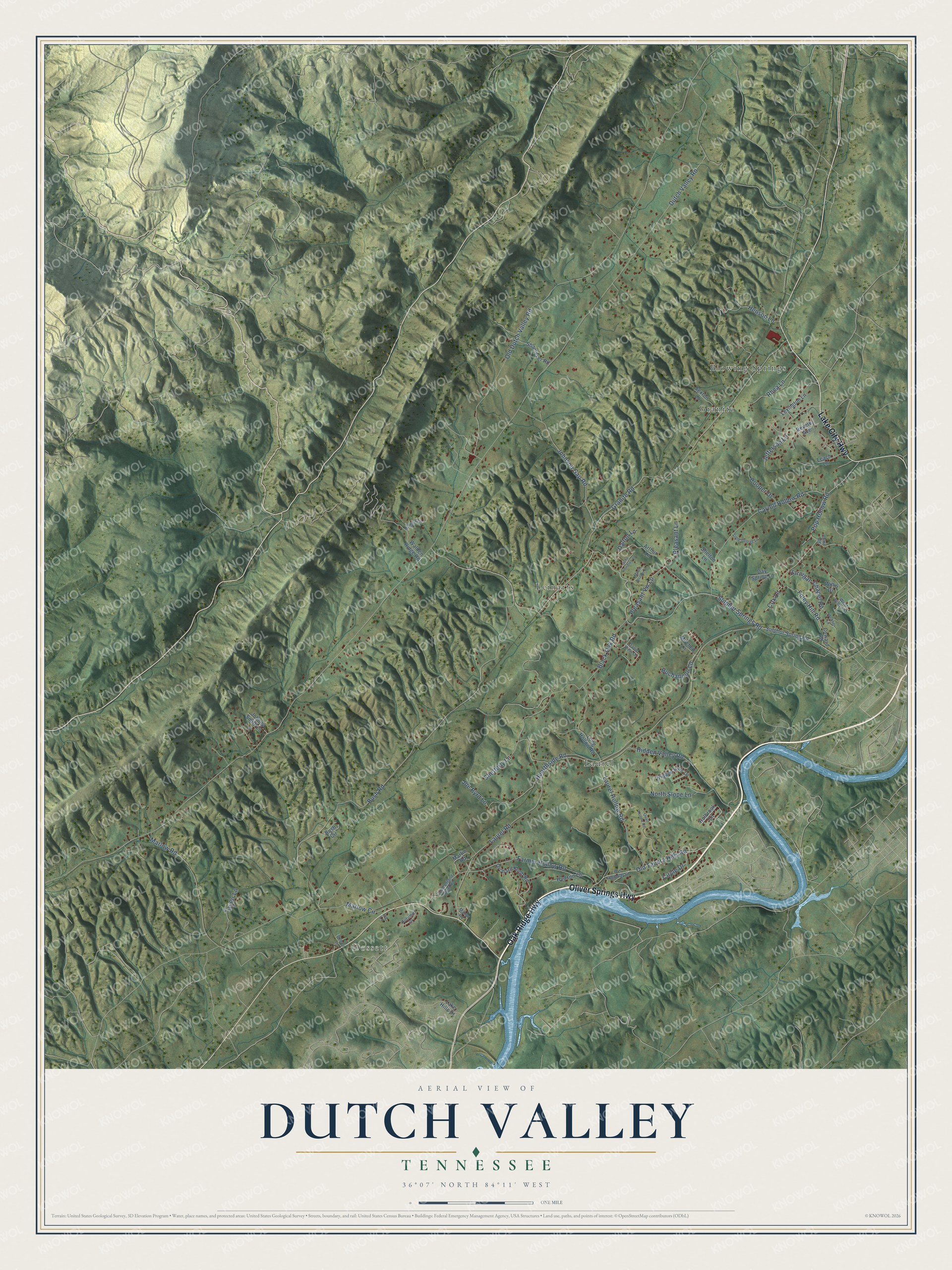 Full map of Dutch Valley, Tennessee, with red buildings, printed street names and the land around them