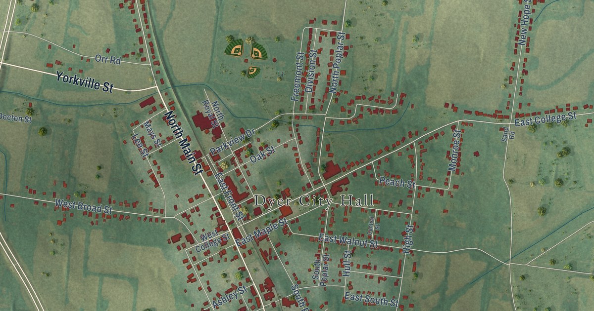 Map of Dyer, Tennessee in 2026