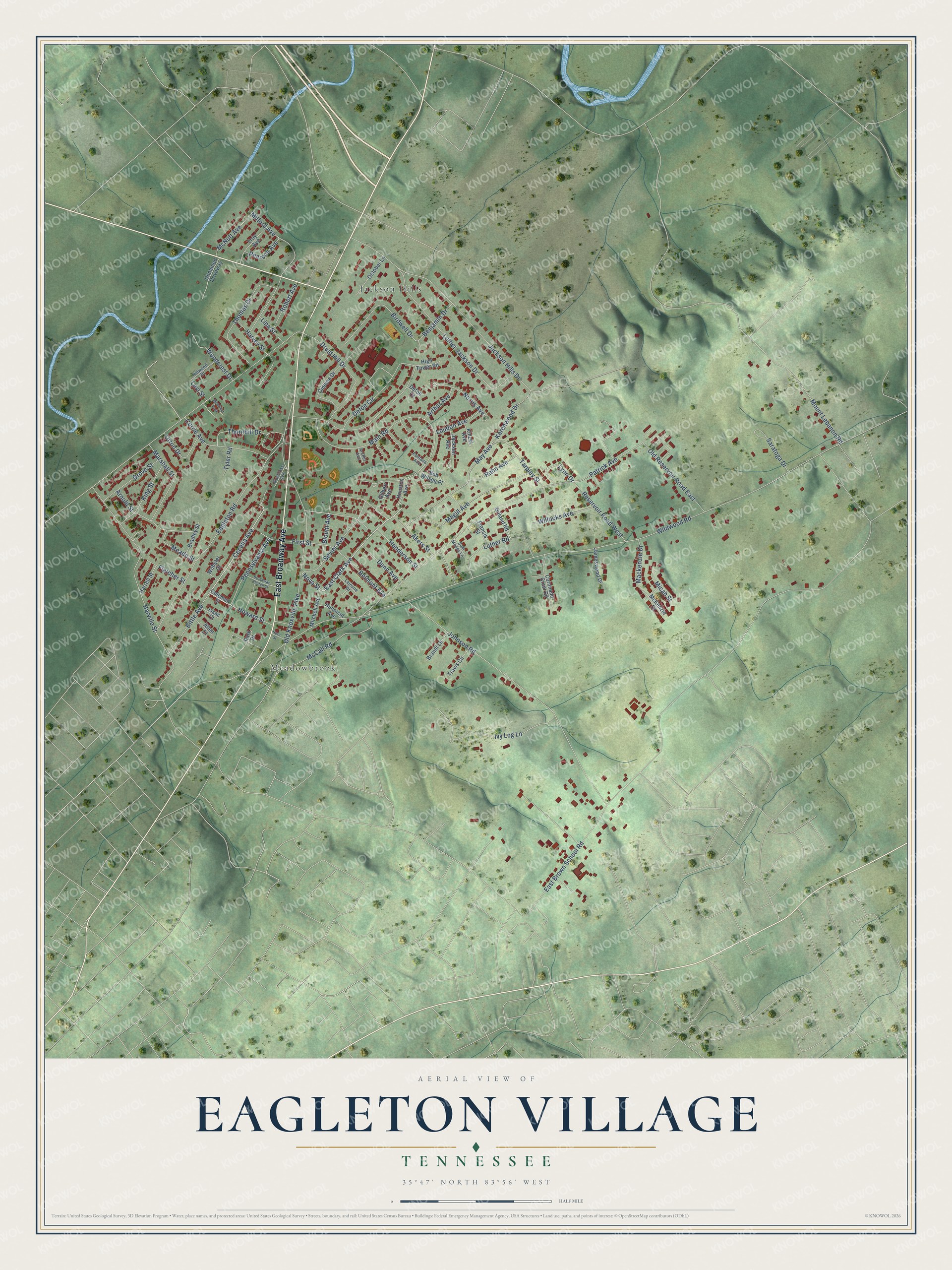 Full map of Eagleton Village, Tennessee, with red buildings, printed street names and the land around them