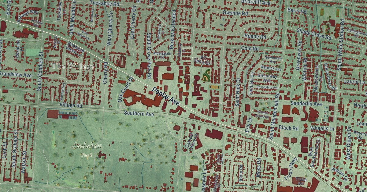 Close-up of streets and buildings in East Memphis, Tennessee