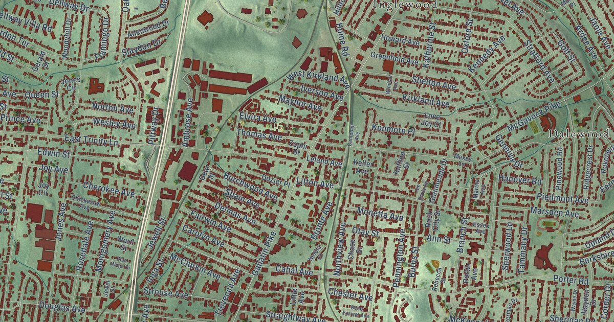 Close-up of streets and buildings in East Nashville, Tennessee