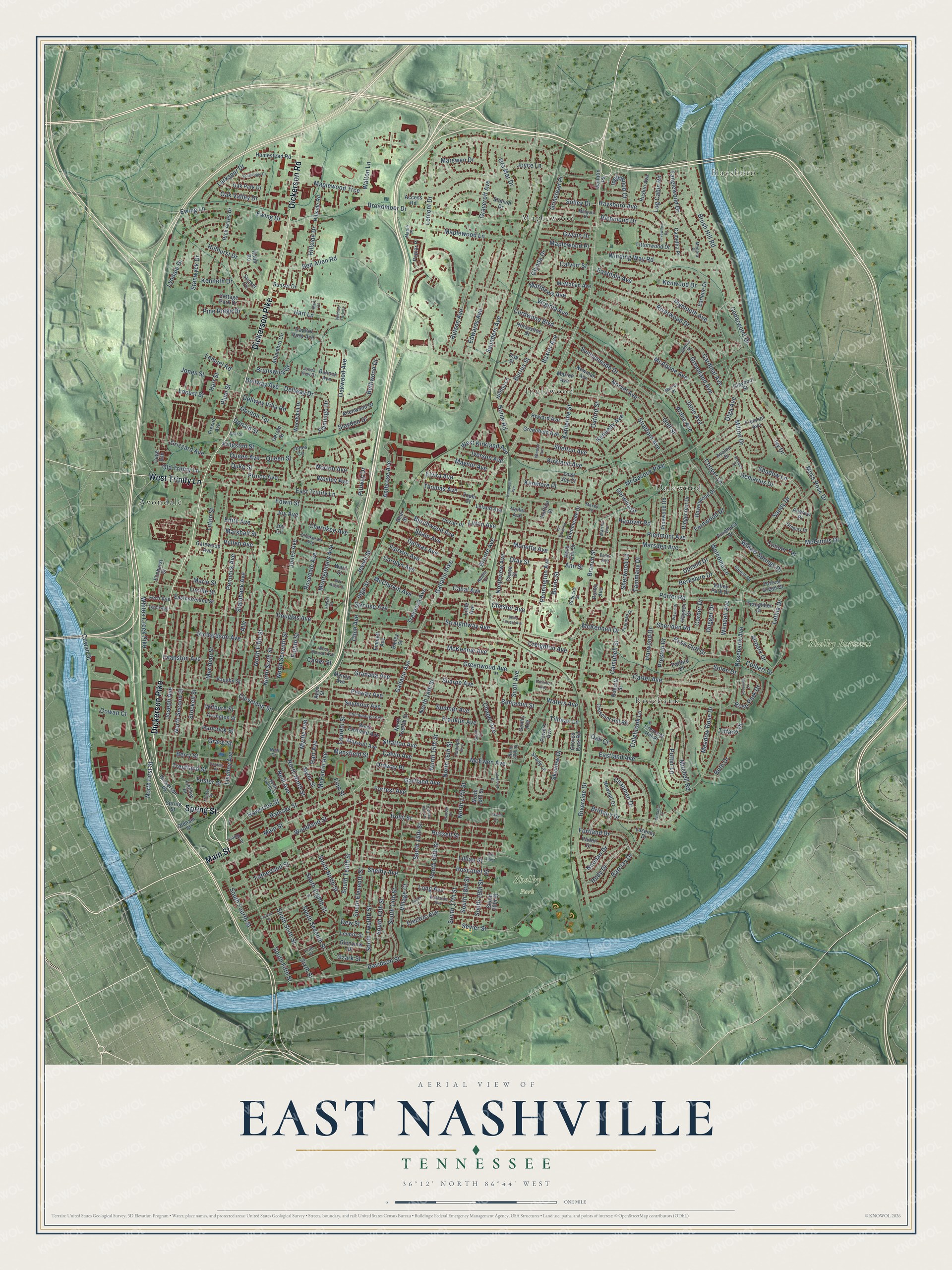 Watermarked full-map preview of East Nashville, Tennessee