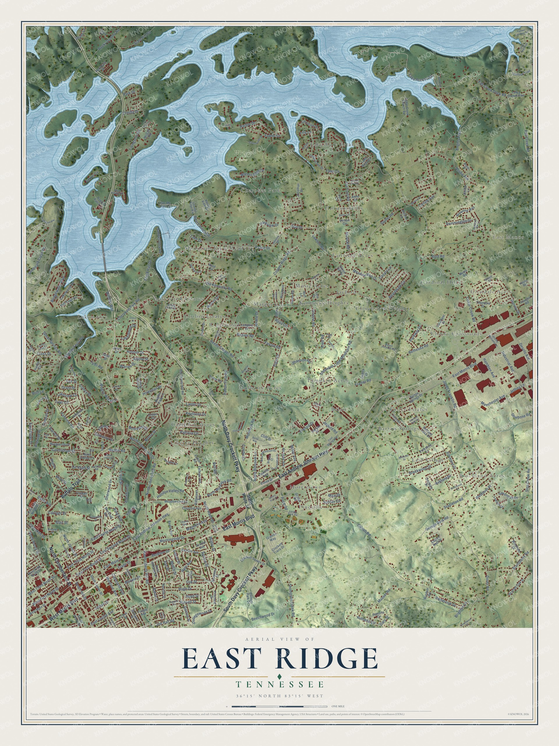 Full map of East Ridge, Tennessee, with red buildings, printed street names and the land around them