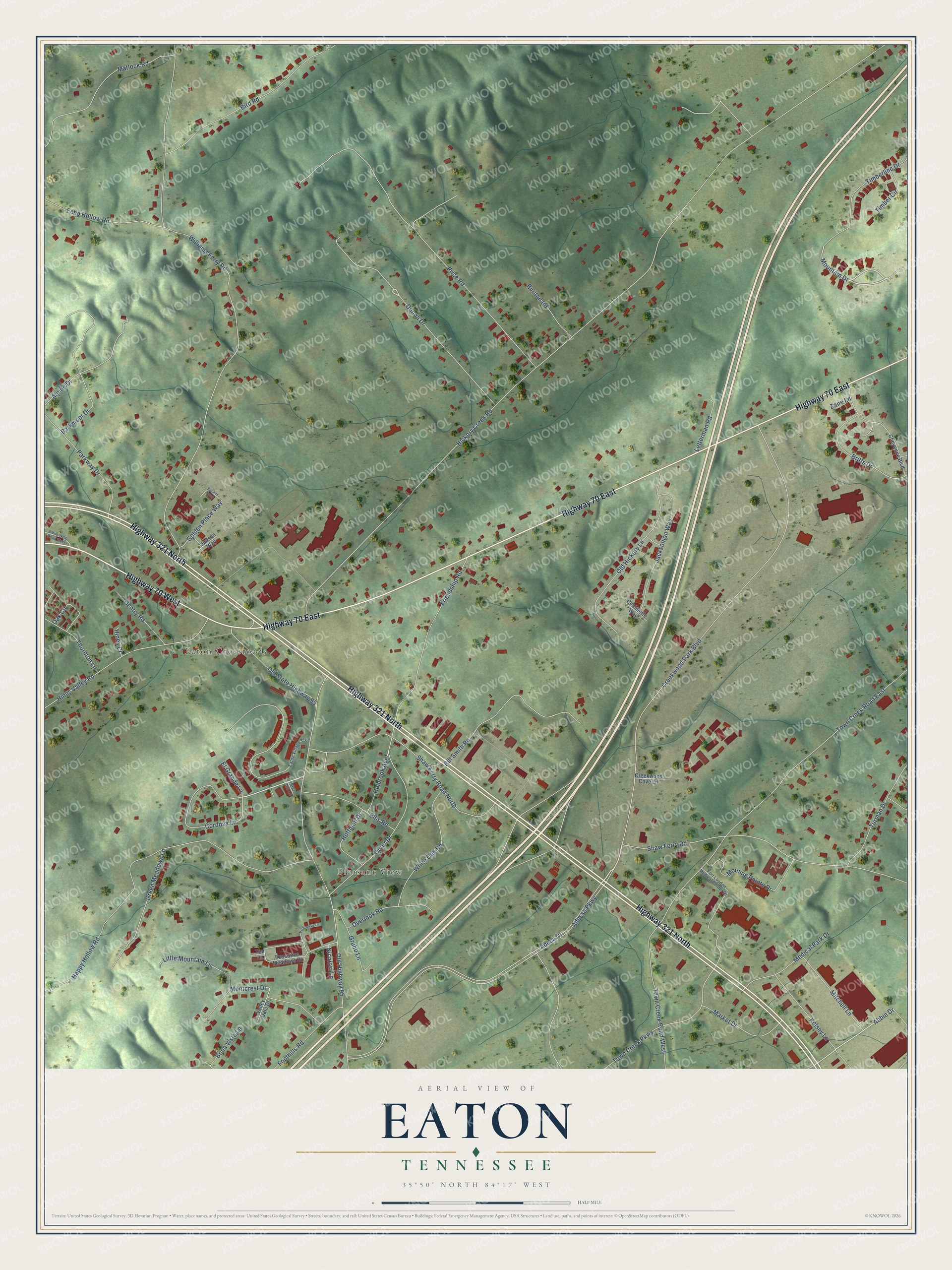 Full map of Eaton, Tennessee, with red buildings, printed street names and the land around them