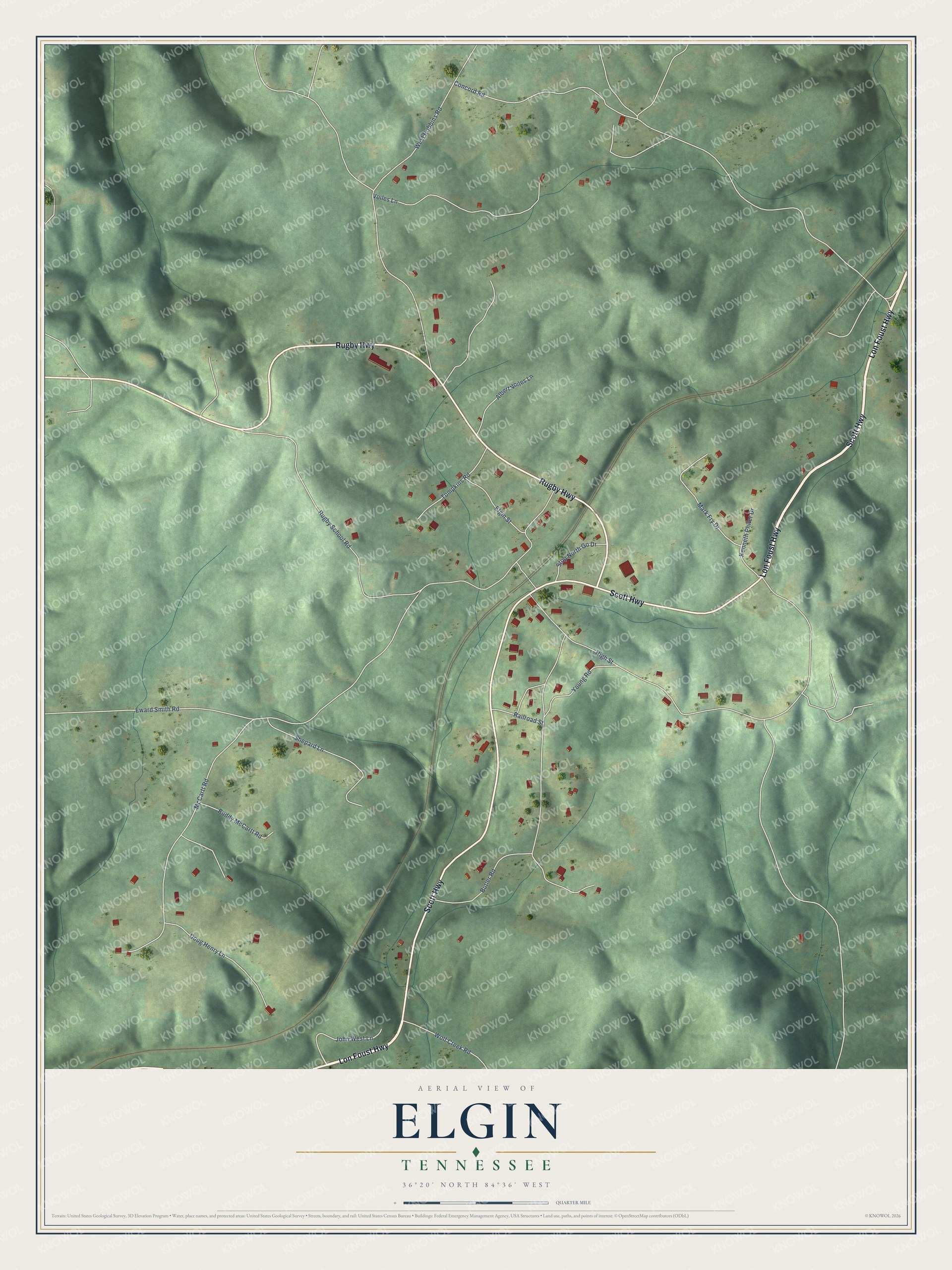 Full map of Elgin, Tennessee, with red buildings, printed street names and the land around them