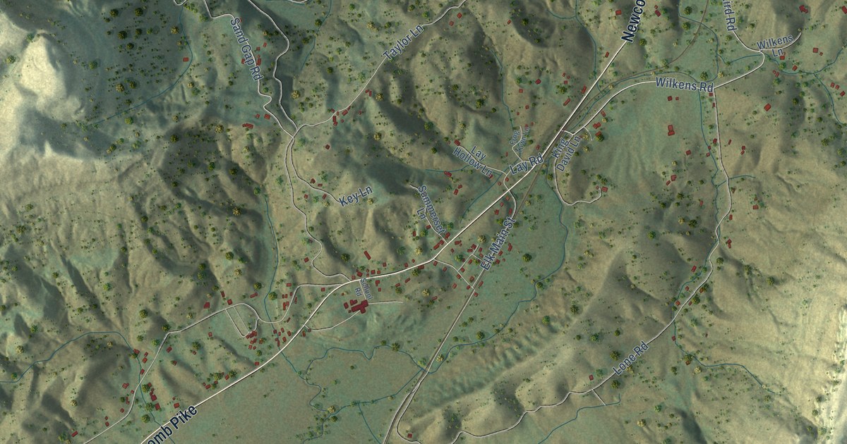 Close-up of streets and buildings in Elk Valley, Tennessee