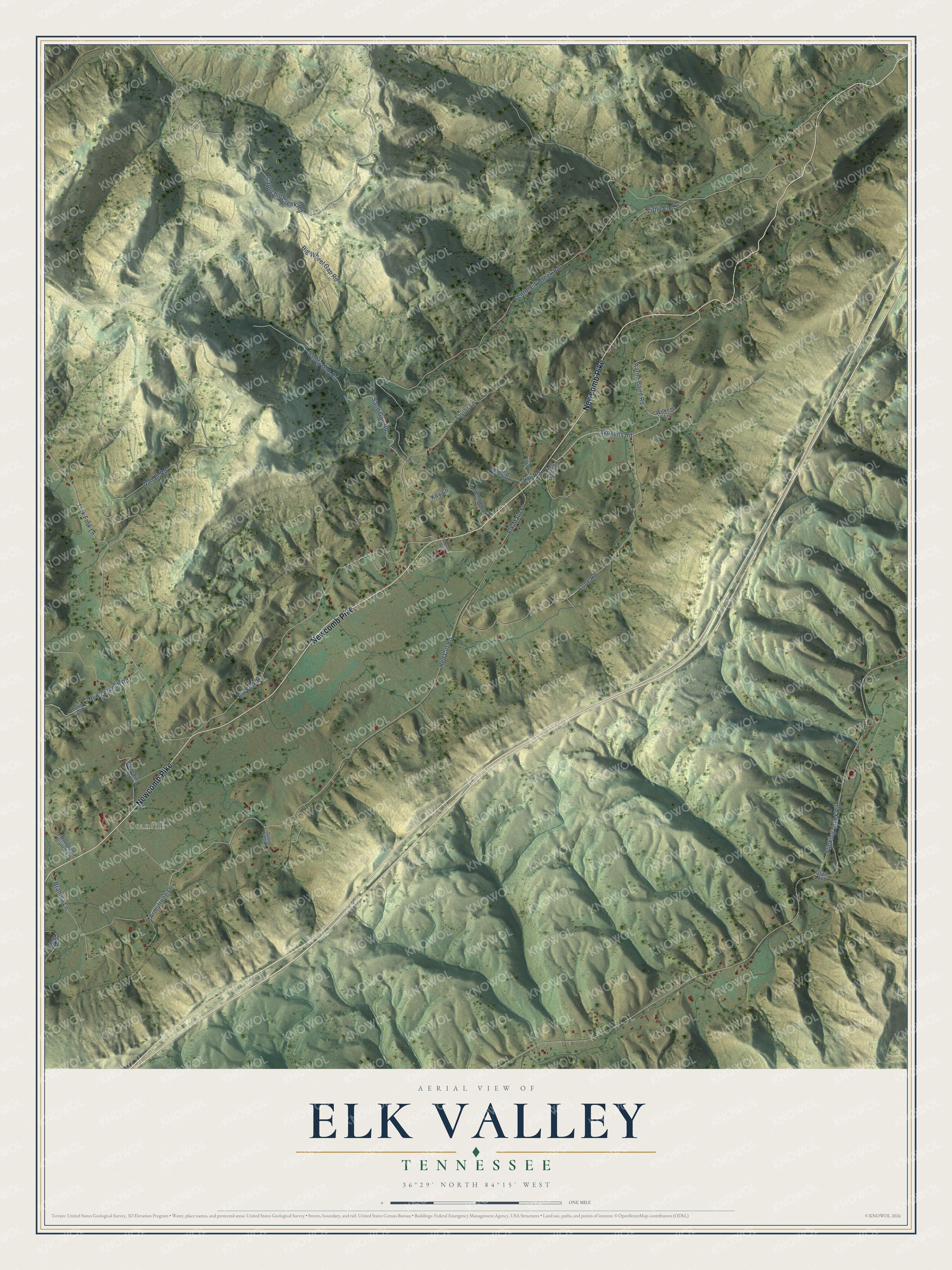 Full map of Elk Valley, Tennessee, with red buildings, printed street names and the land around them