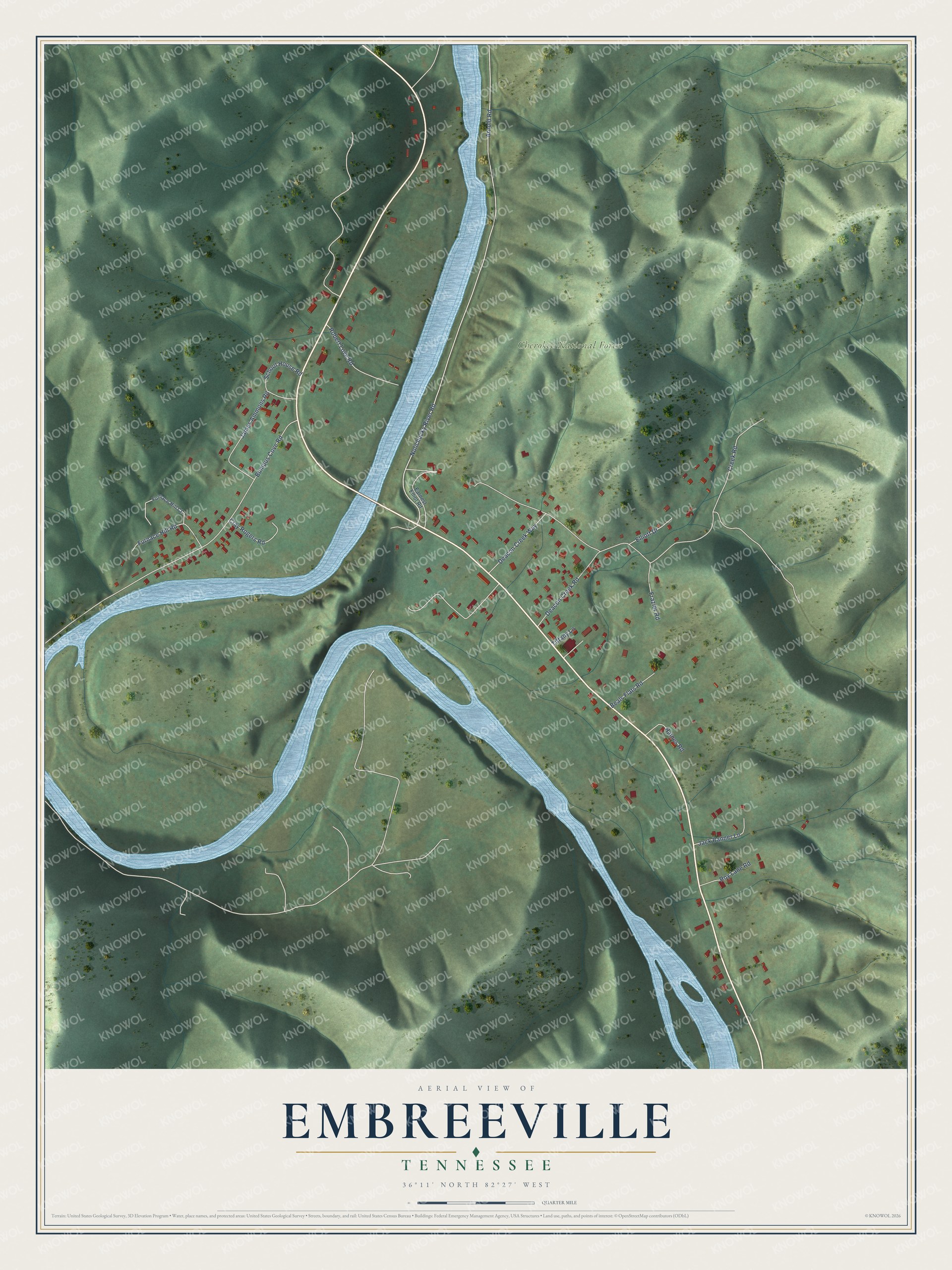 Full map of Embreeville, Tennessee, with red buildings, printed street names and the land around them
