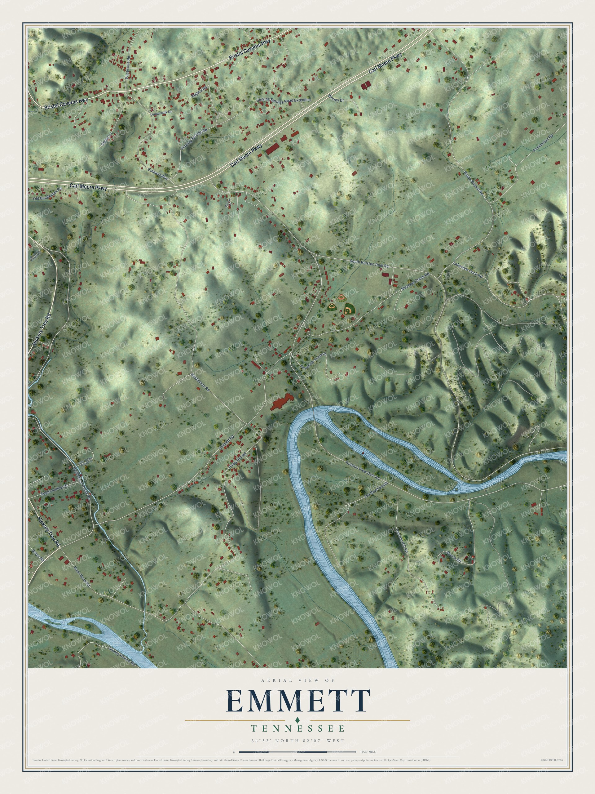 Full map of Emmett, Tennessee, with red buildings, printed street names and the land around them