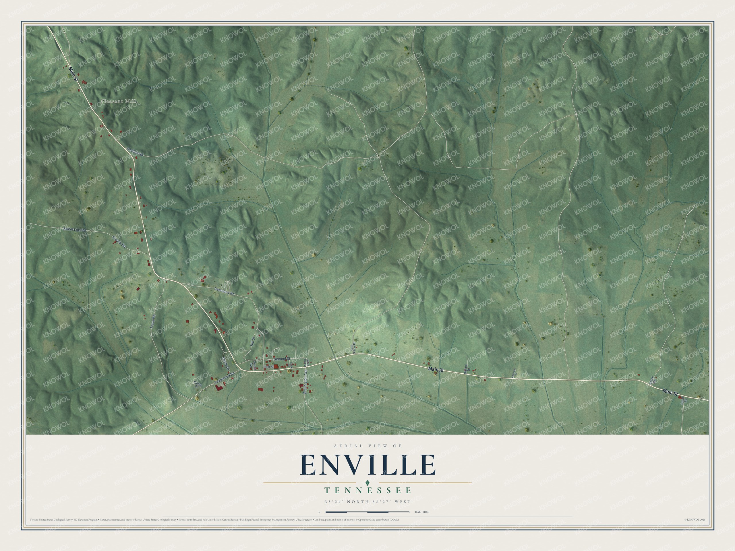 Full map of Enville, Tennessee, with red buildings, printed street names and the land around them