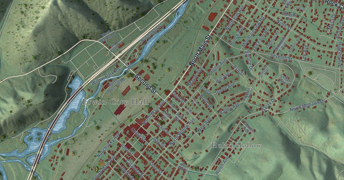 Map of Erwin, Tennessee in 2026