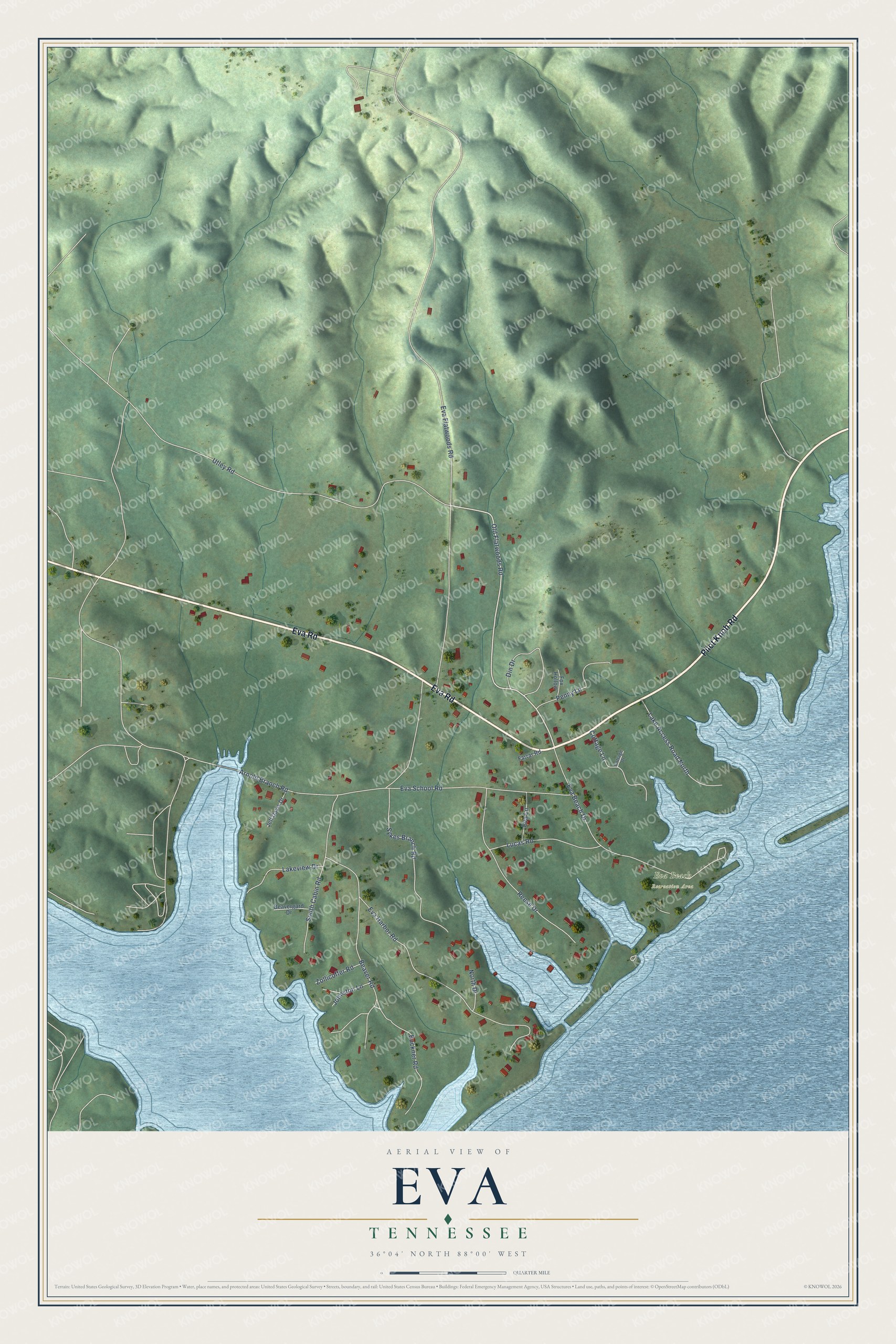 Full map of Eva, Tennessee, with red buildings, printed street names and the land around them