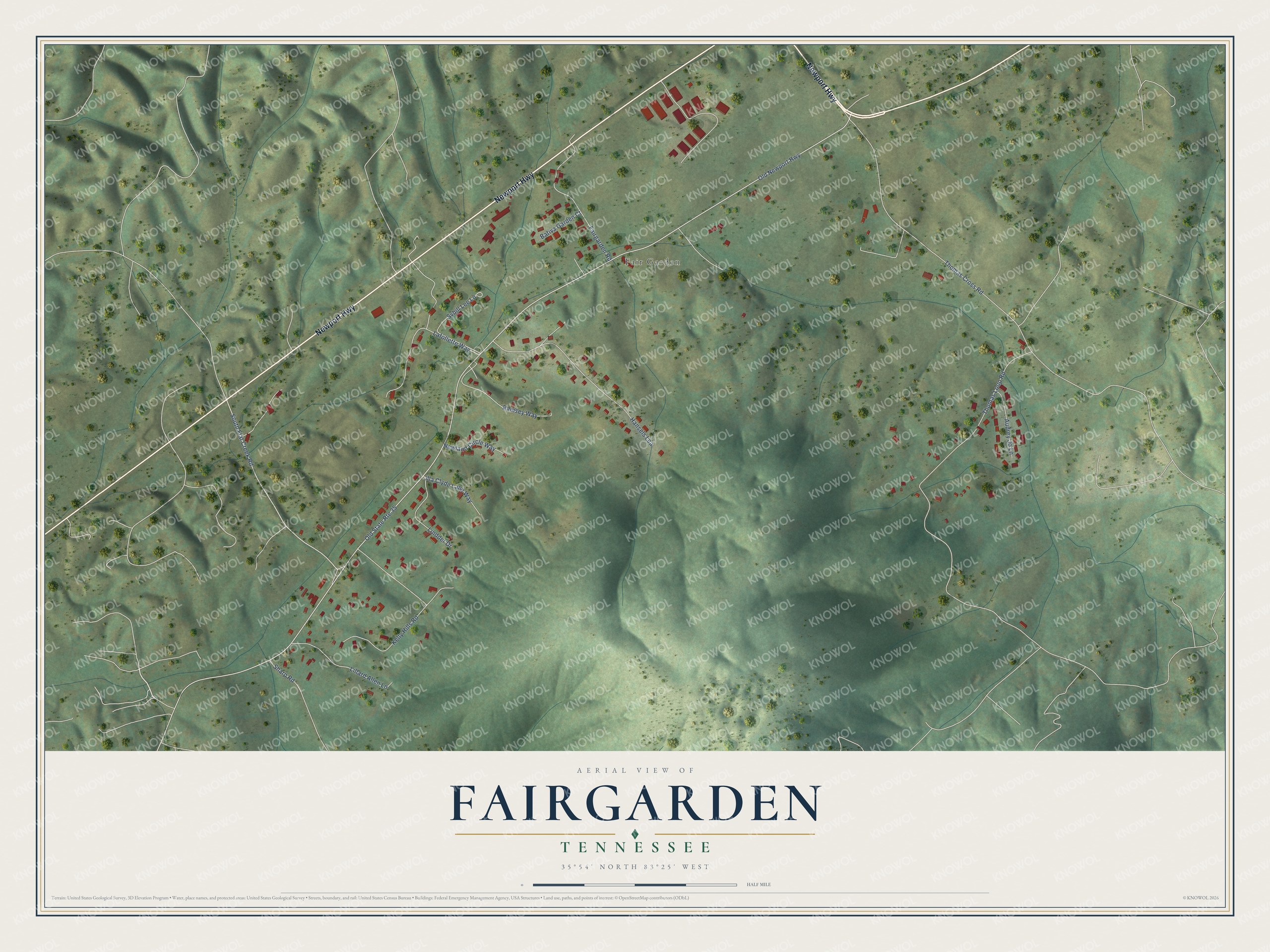 Full map of Fairgarden, Tennessee, with red buildings, printed street names and the land around them