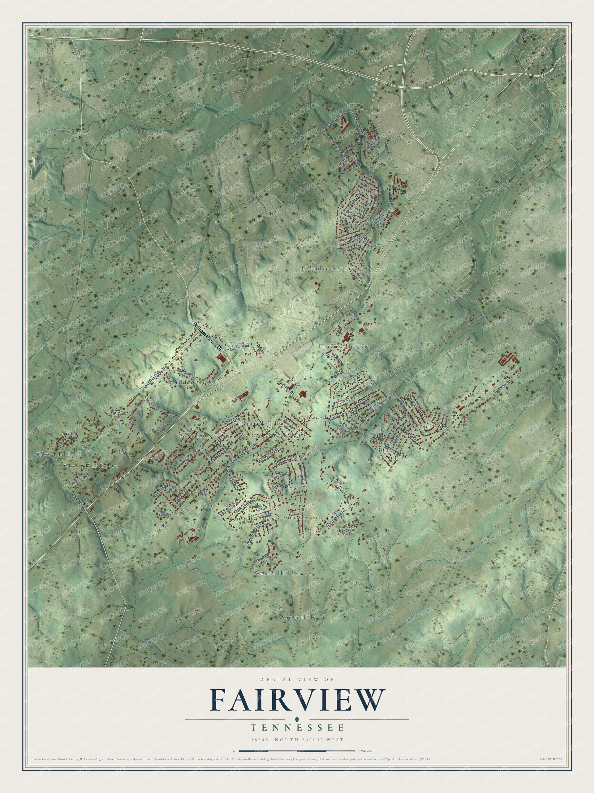 Full map of Fairview, Tennessee, with red buildings, printed street names and the land around them