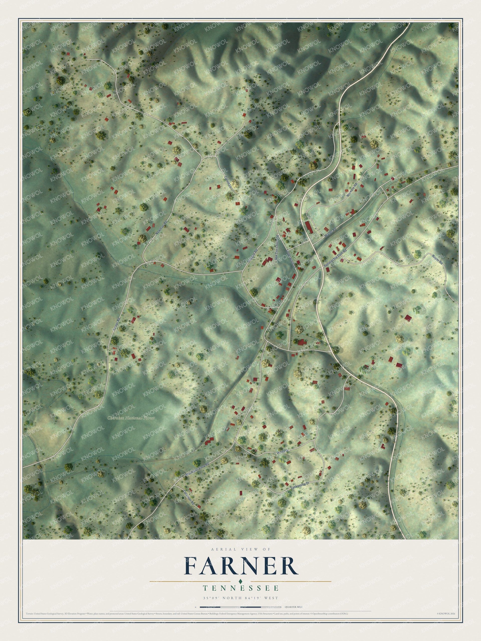 Full map of Farner, Tennessee, with red buildings, printed street names and the land around them